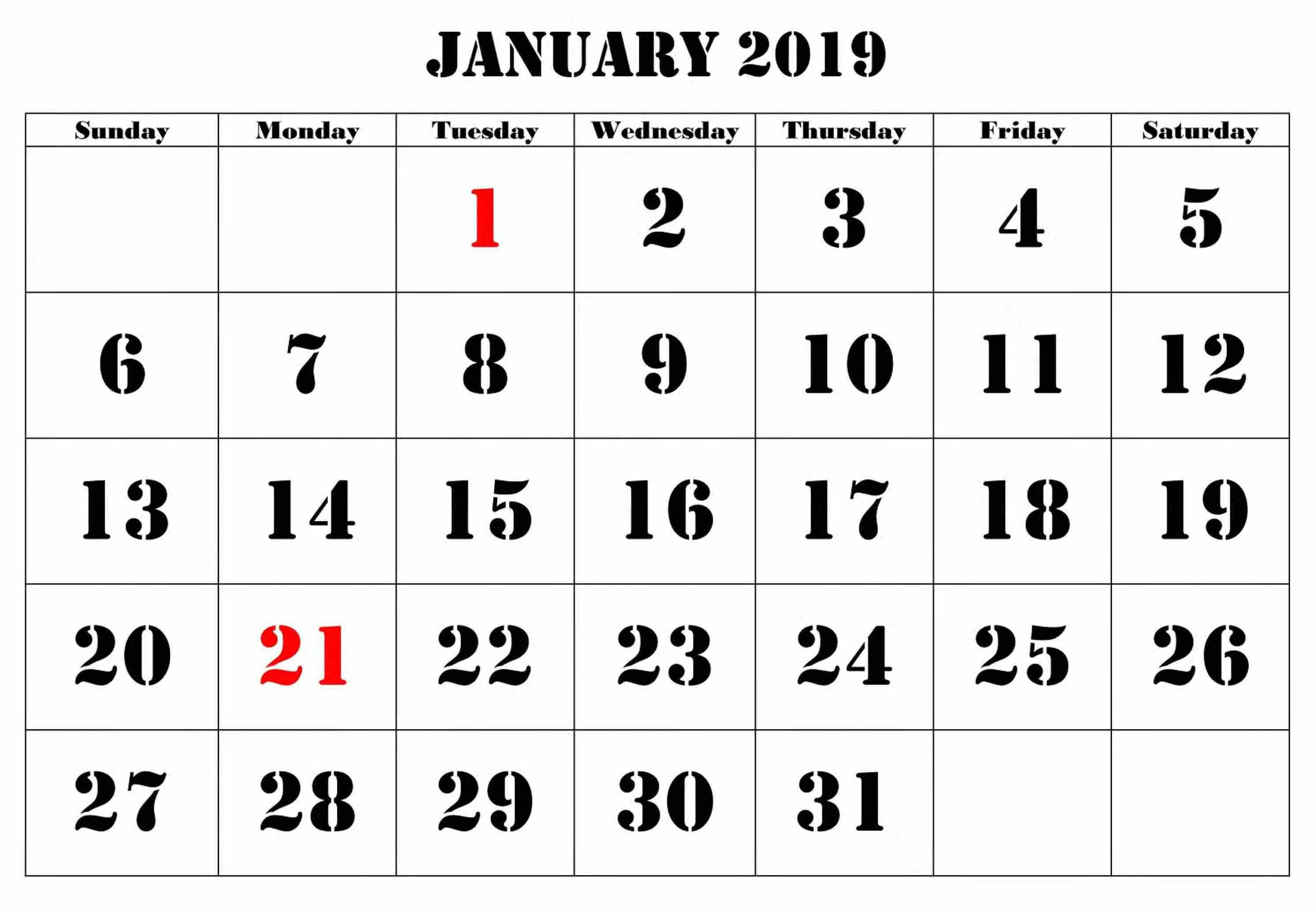 Calendar January 2019 Large Number #Januarycalendar