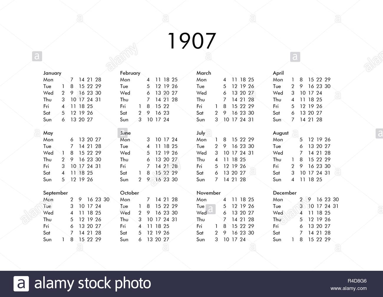 Calendar Of Year 1907 Stock Photo - Alamy