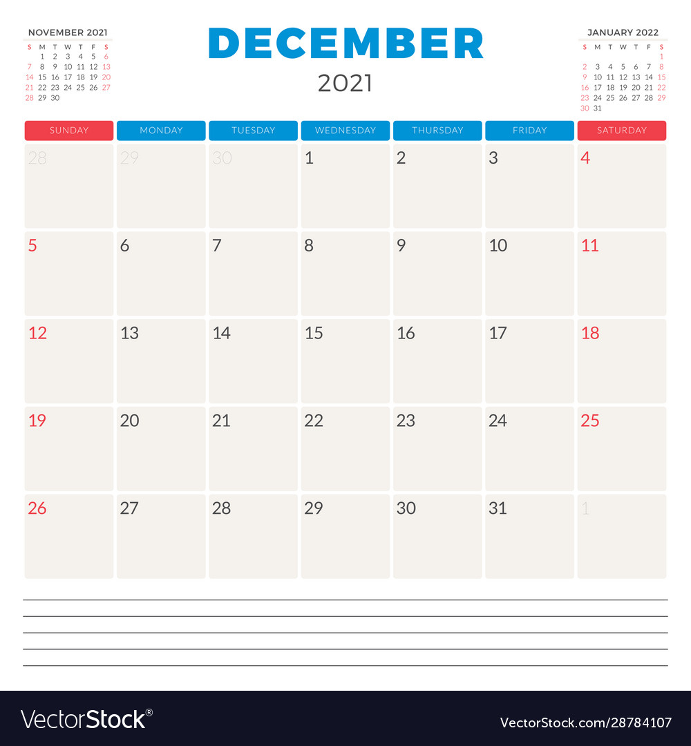 Calendar Planner For December 2021 Week Starts On Vector Image