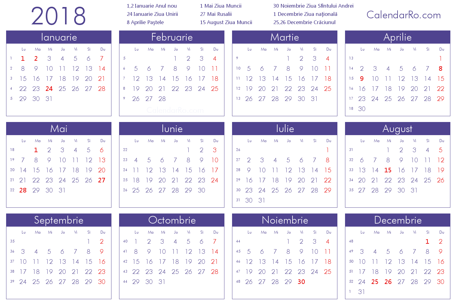 Calendar Romania 2018 | Calendar Printables Calendar