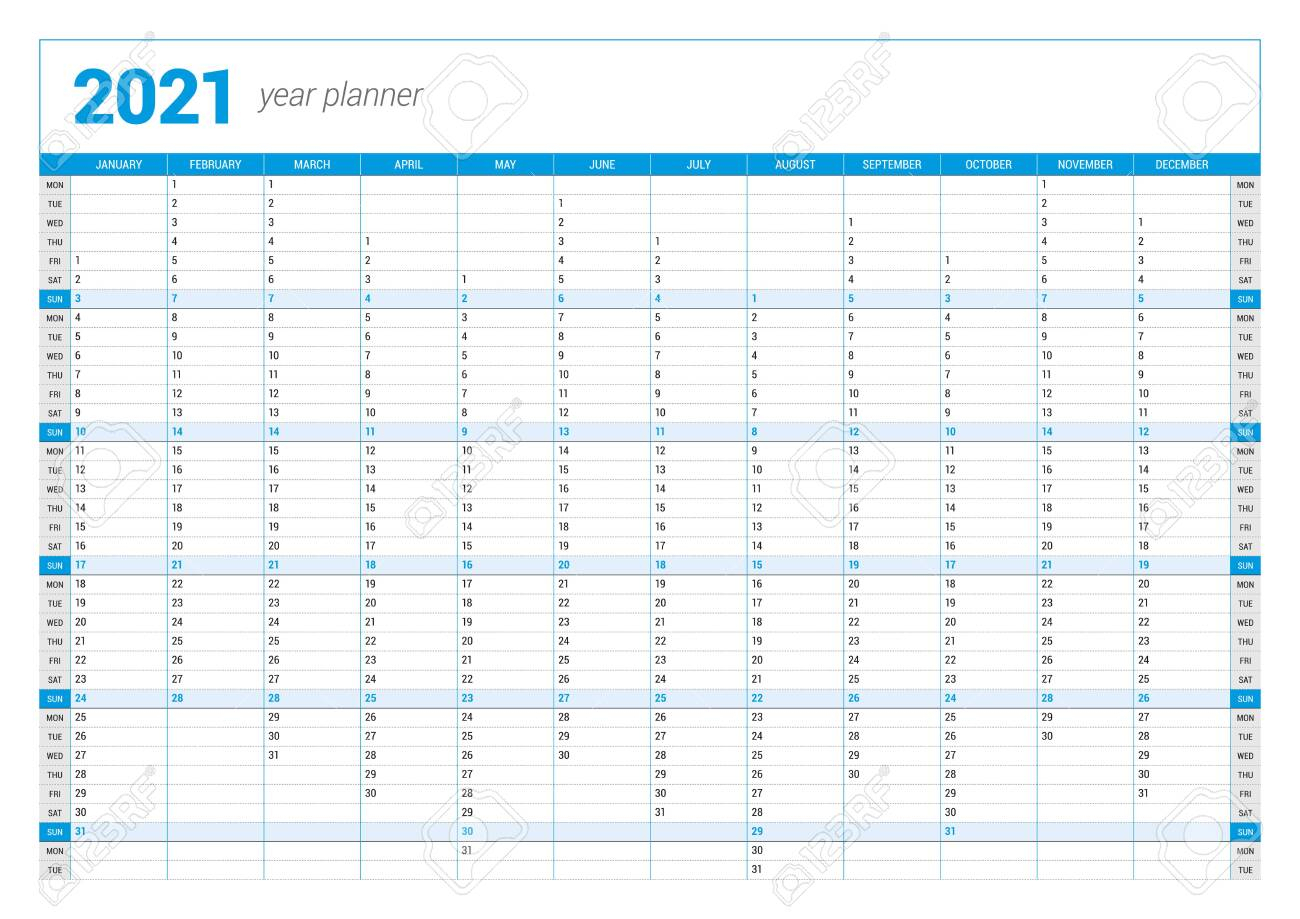 Calendar Yearly Planner Template For 2021. Printable Template