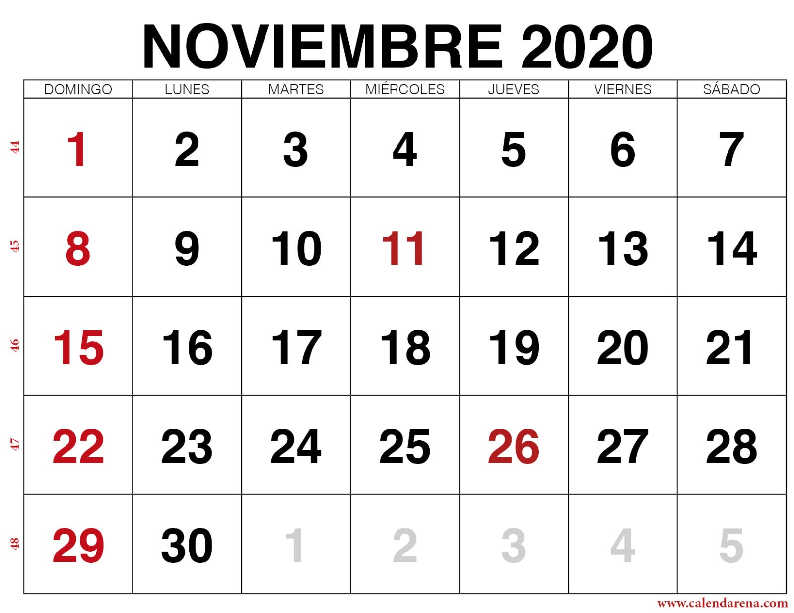 Calendario Noviembre 2020 Para Imprimir - Calendarena