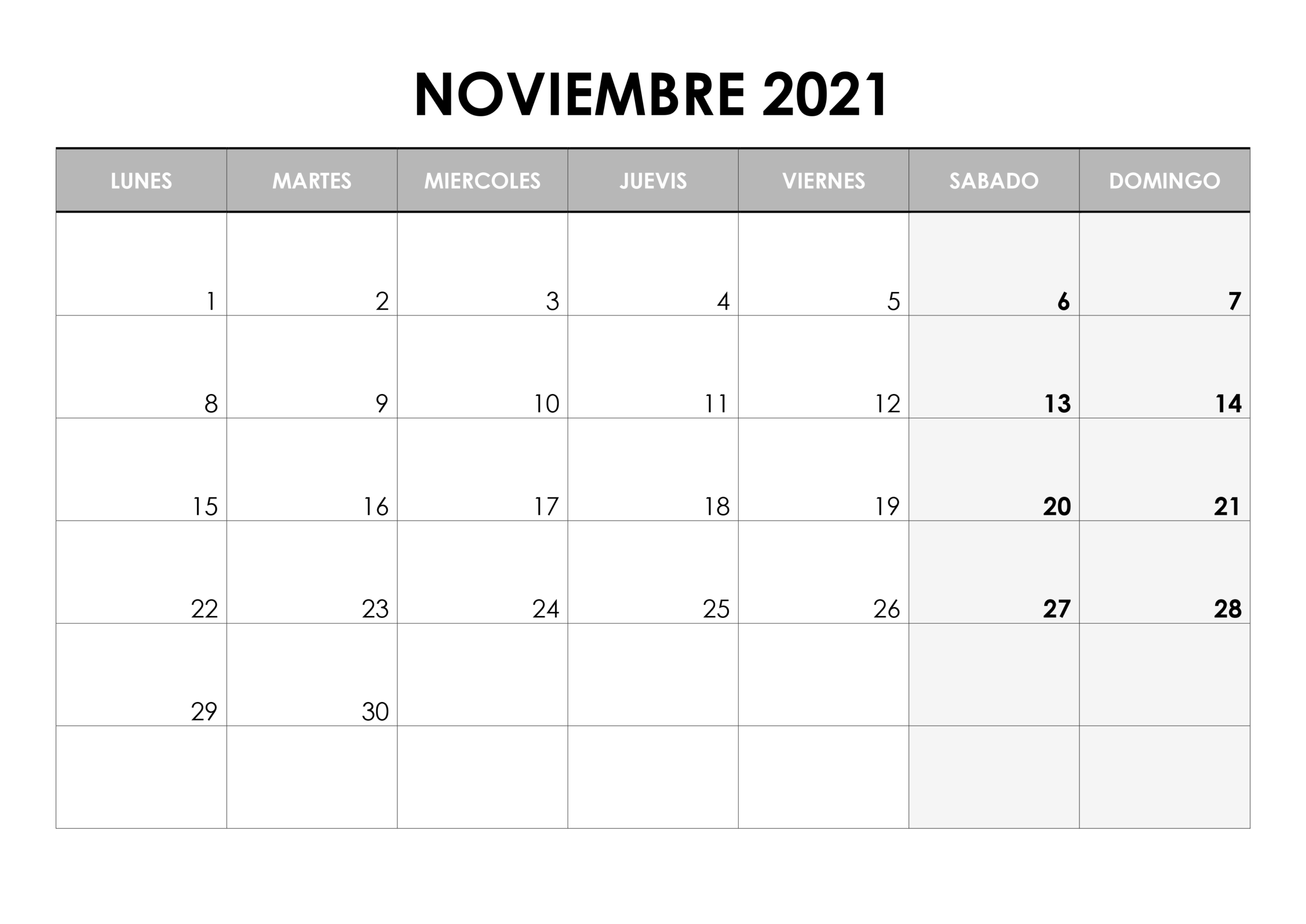 Calendario Noviembre 2021 Editable