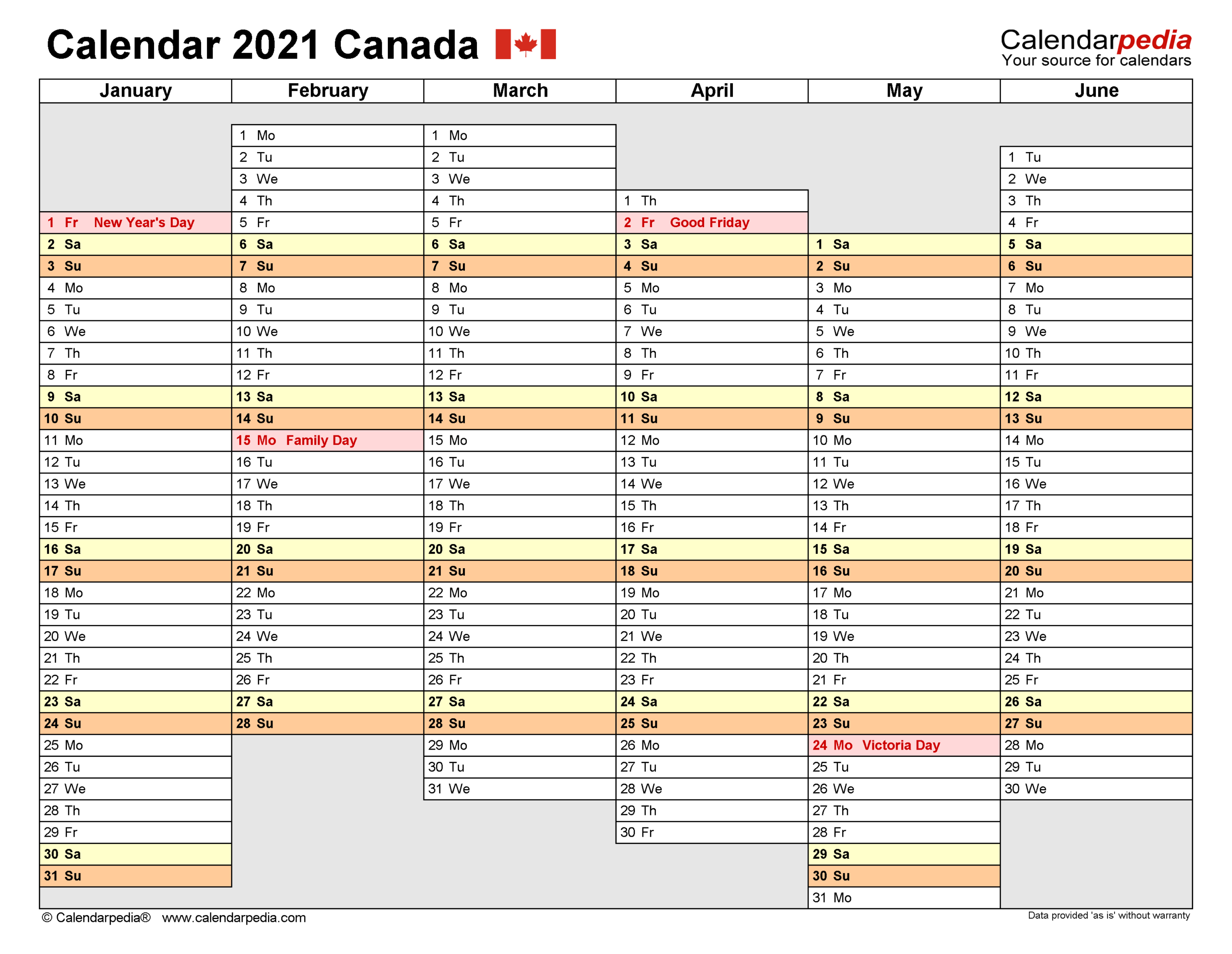 Canada Calendar 2021 - Free Printable Excel Templates