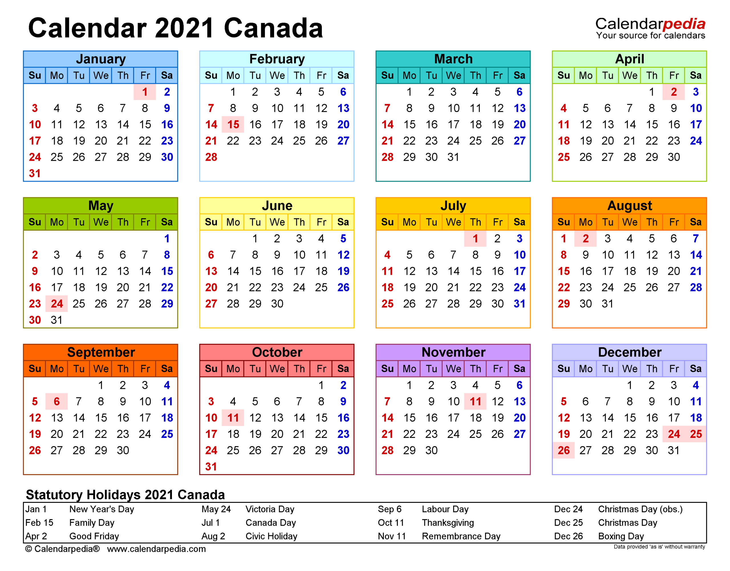 Canada Calendar 2021 - Free Printable Excel Templates