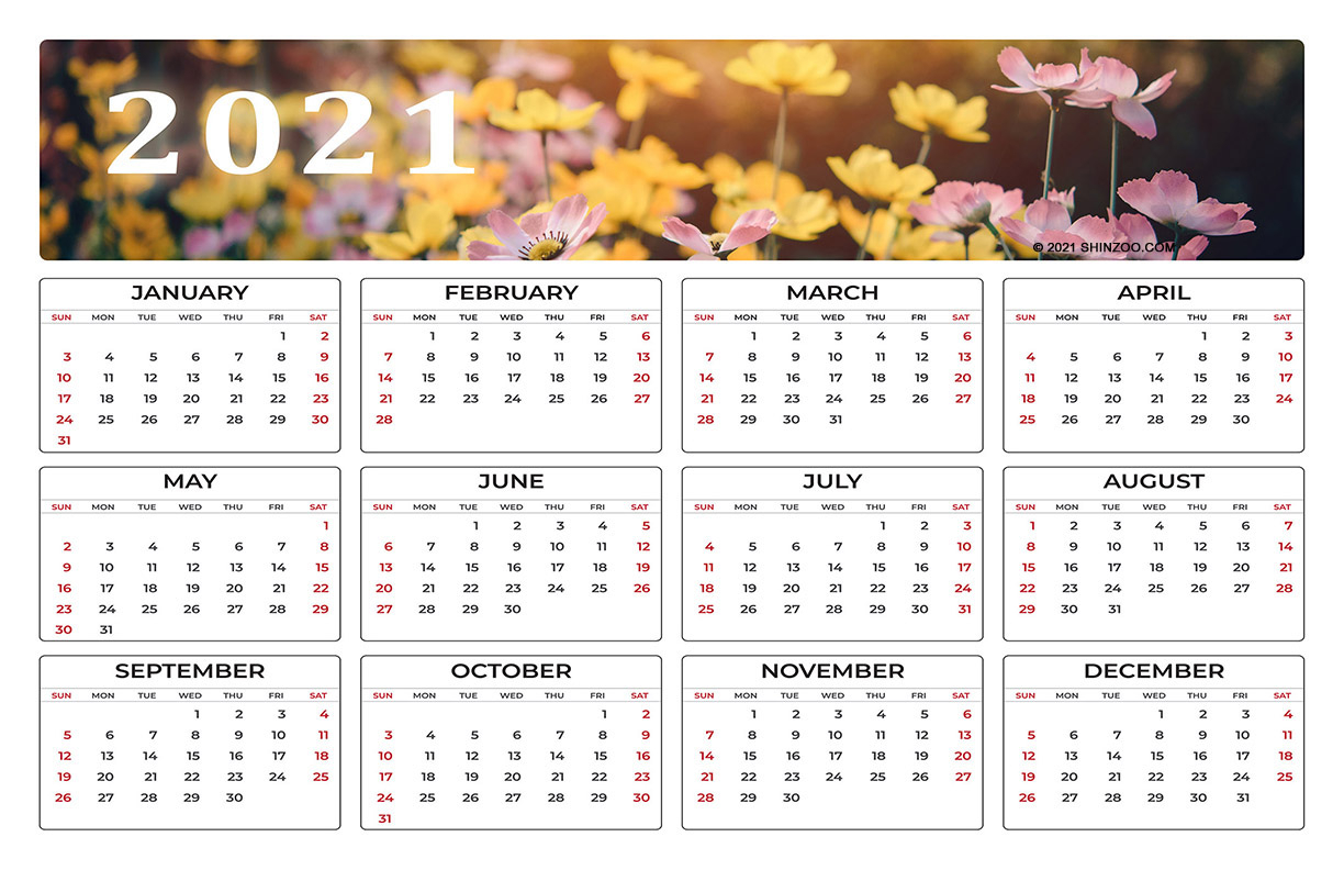 Colorful Spring Flowers: 2021 Calendar 11X17 Printable Template