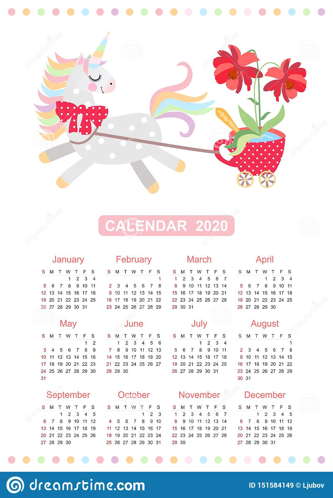 Cute Calendar For 2020 Year With Small Horse - Unicorn