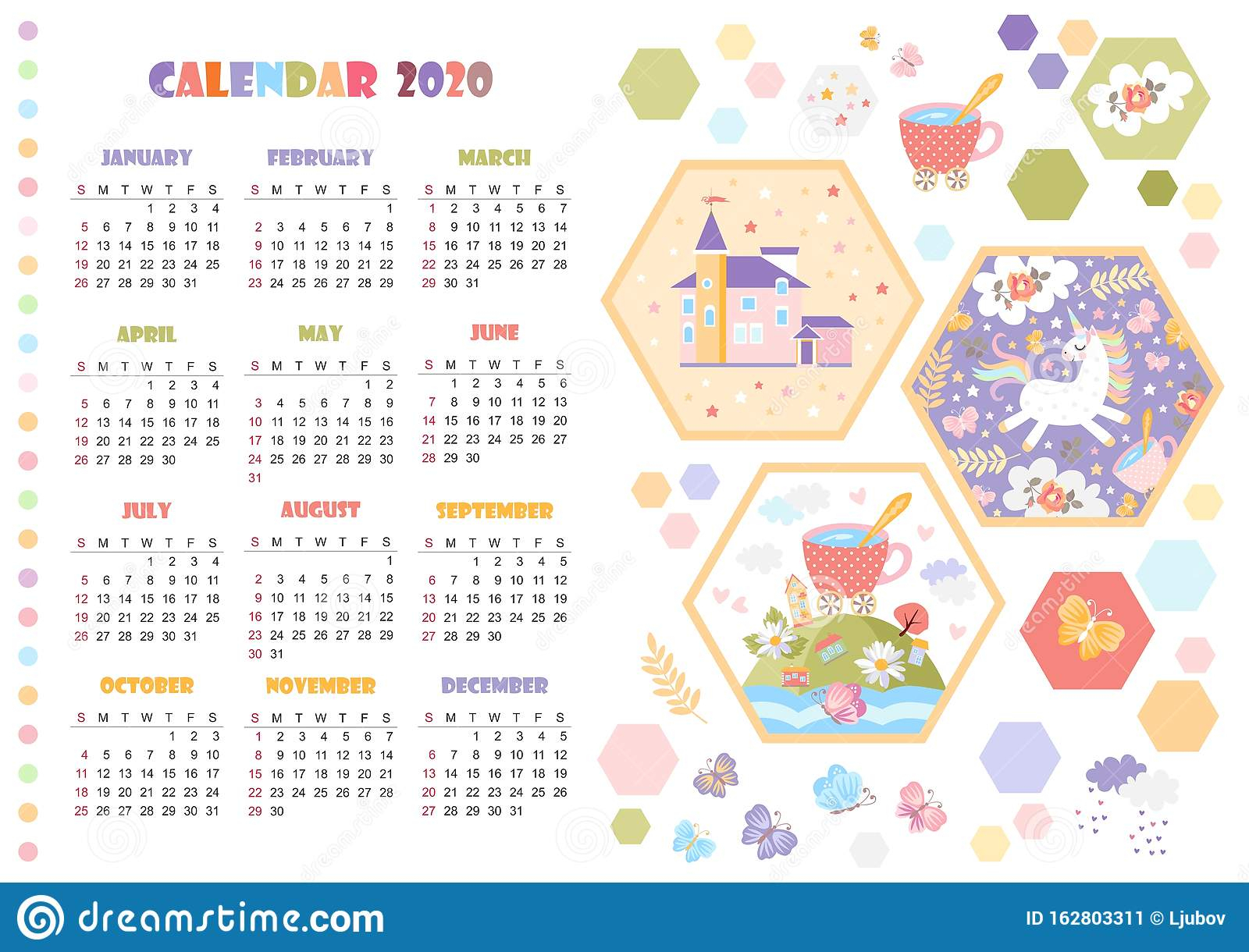 Cute Calendar For 2020 Year With Unicorn Magic Castle And