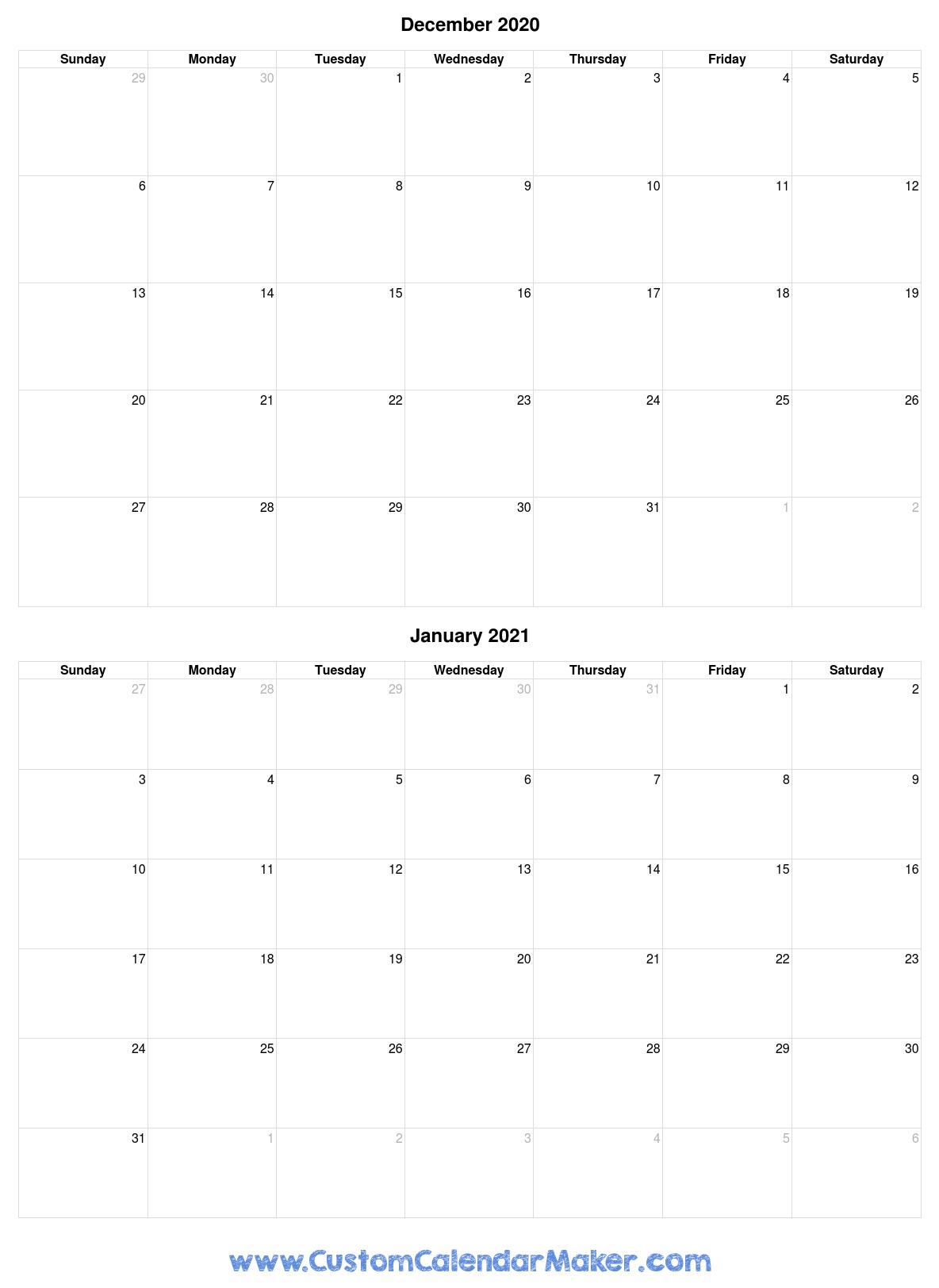 December 2020 And January 2021 Printable Calendar Template