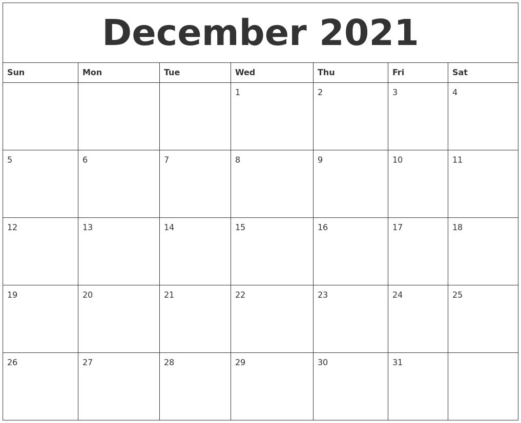 December 2021 Blank Monthly Calendar Template Get | Blank