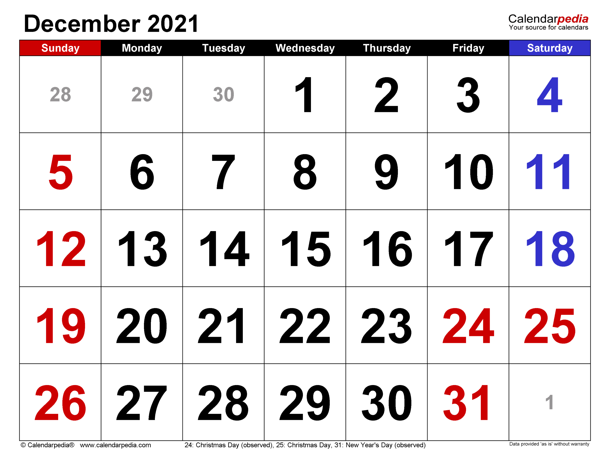 December 2021 Calendar In Excel