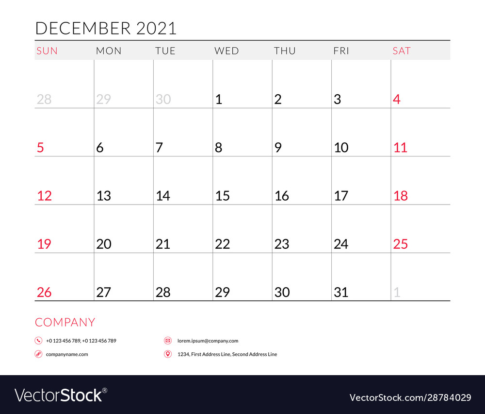 December 2021 Monthly Calendar Planner Printable Vector Image