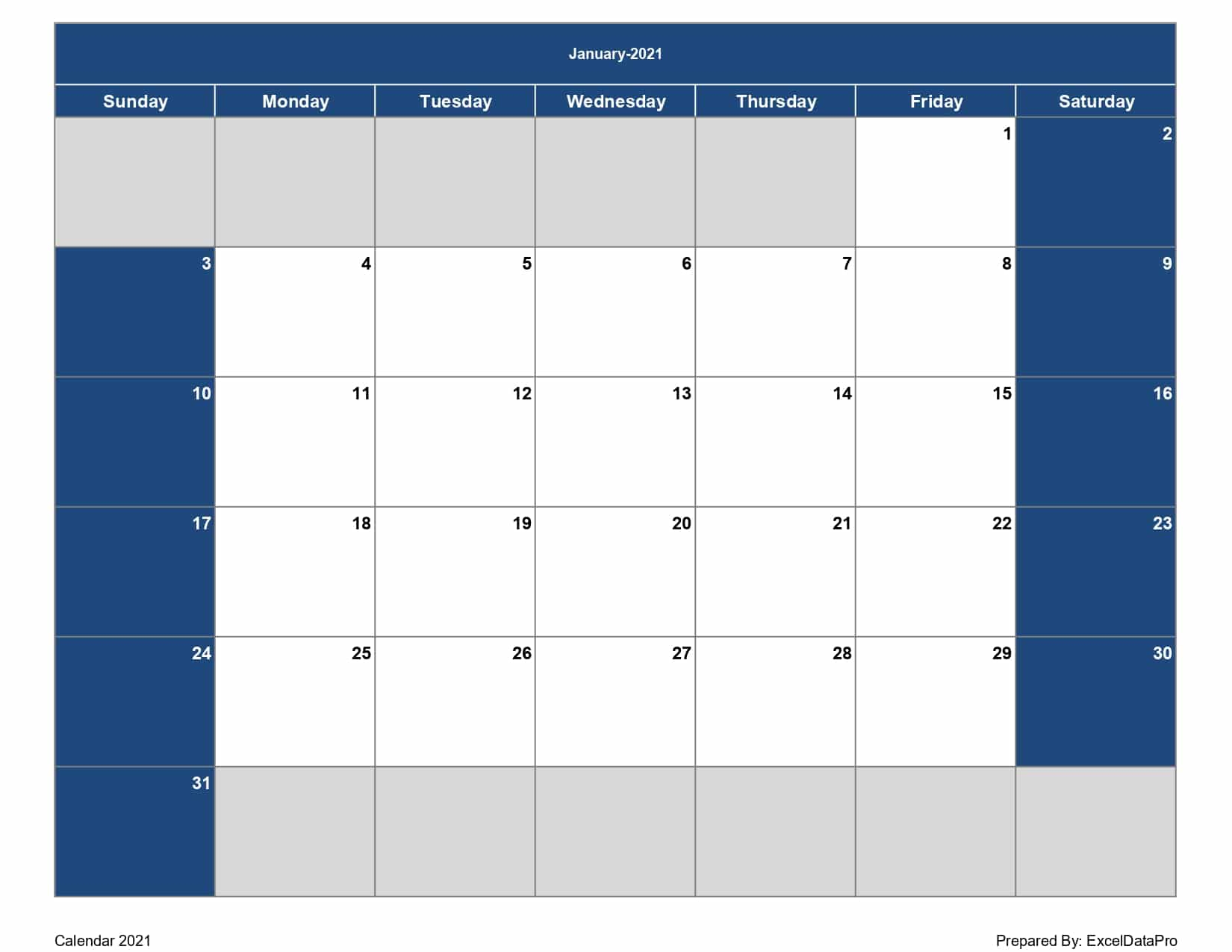 Download 2021 Monthly Calendar (Sun Start) Excel Template