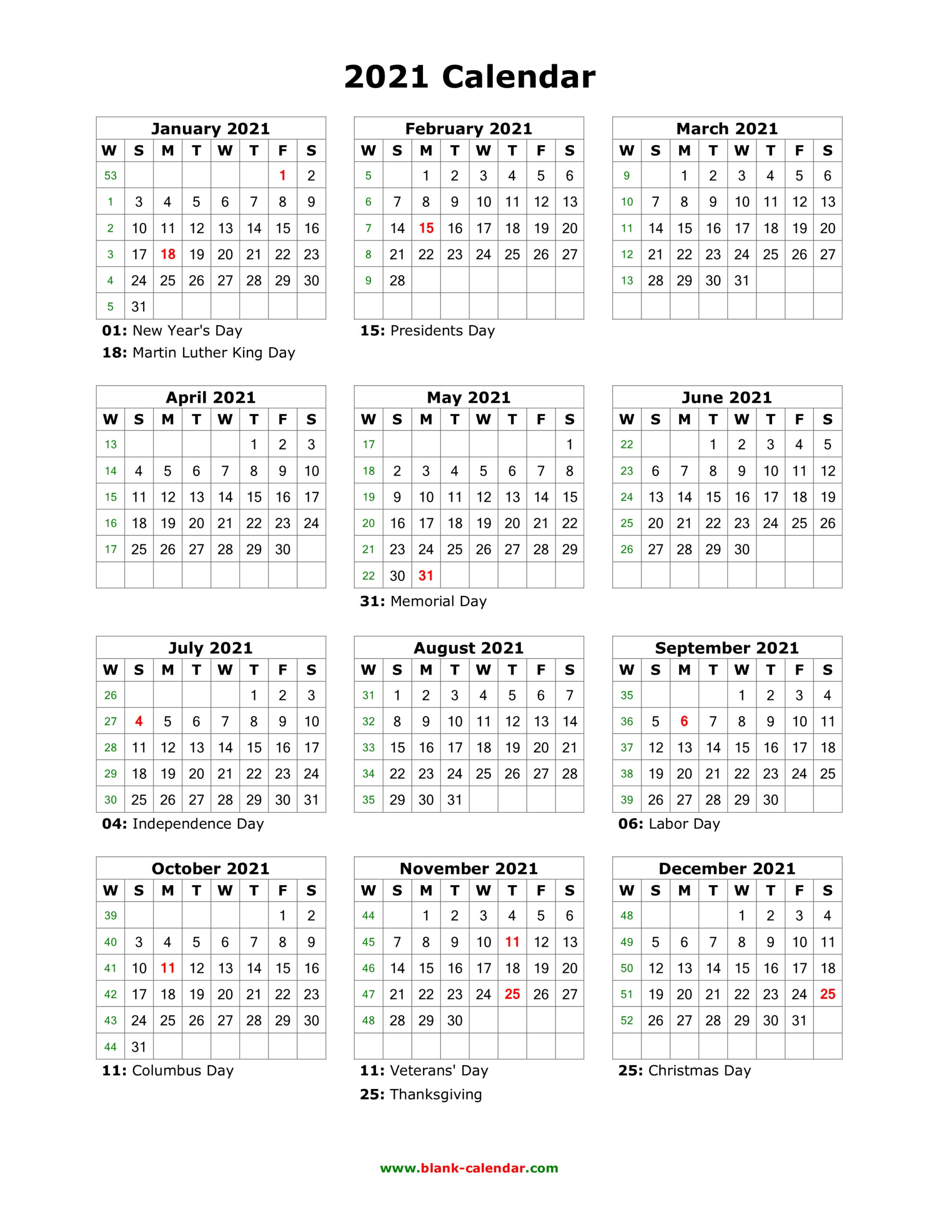 Download Blank Calendar 2021 With Us Holidays (12 Months On