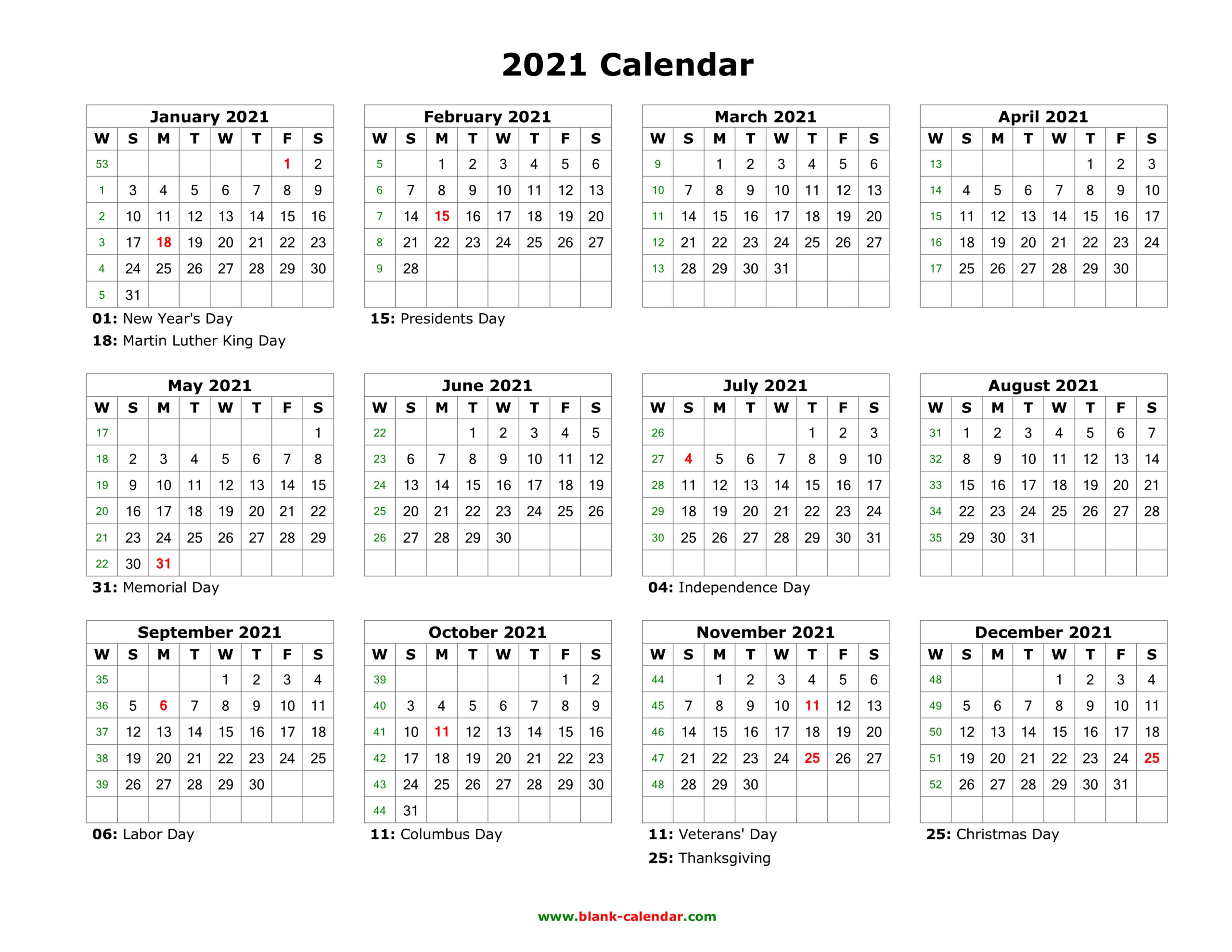 Download Blank Calendar 2021 With Us Holidays (12 Months On