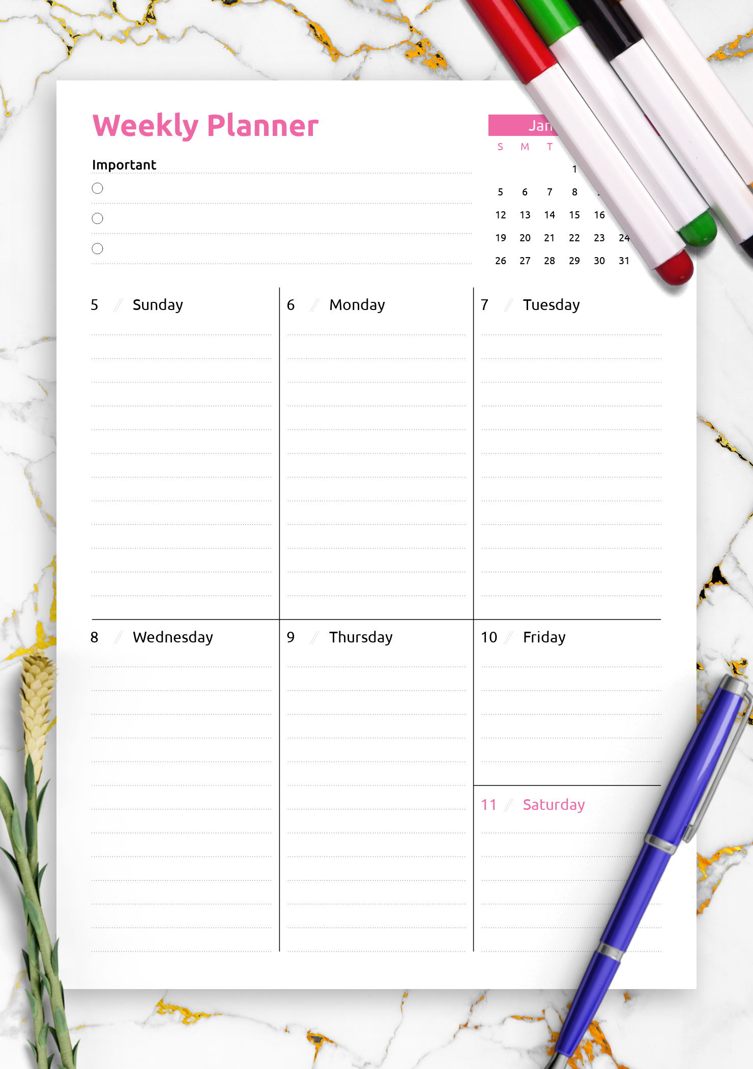 Download Printable Colored One-Page Weekly Planner Pdf