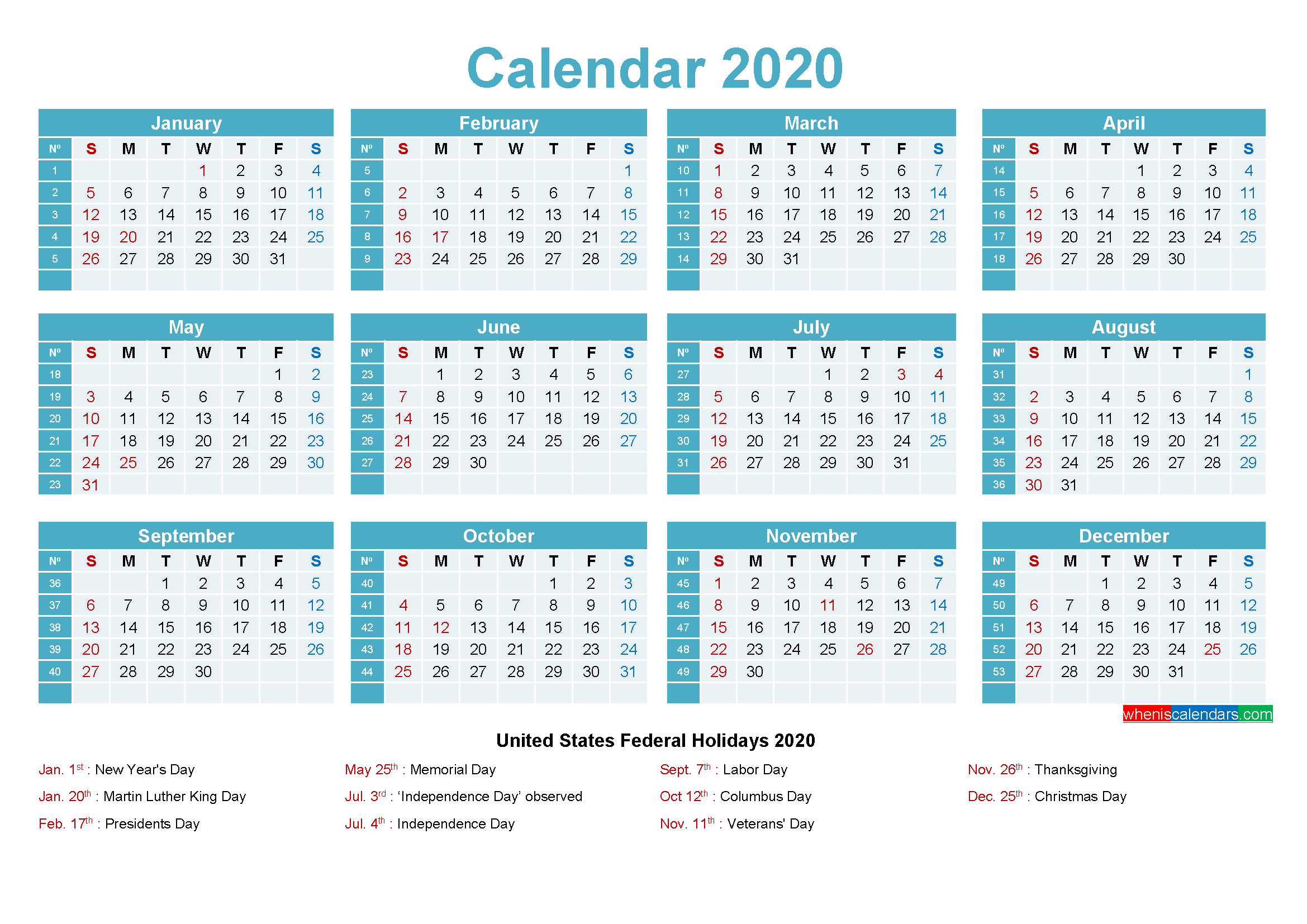 Editable Calendar Template 2020 - Template No.ep20Y12 - Free