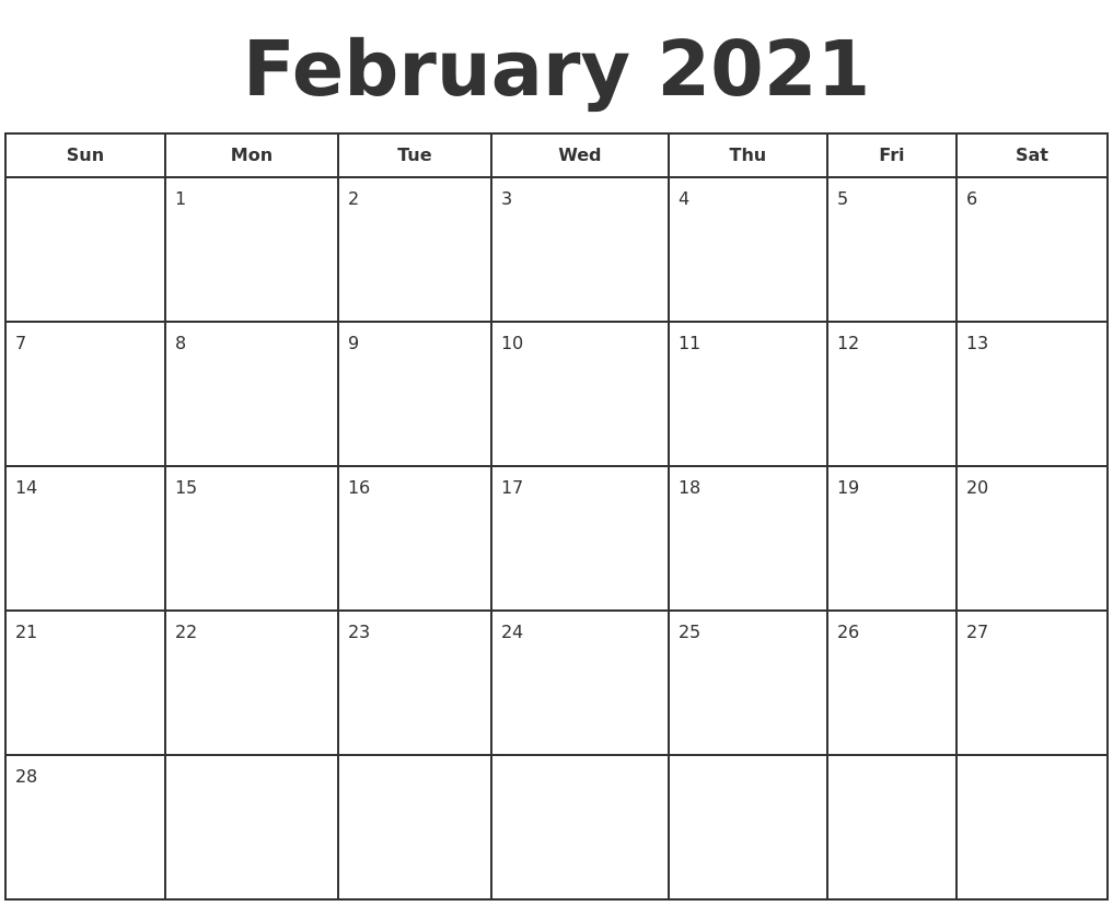 February 2021 Print A Calendar