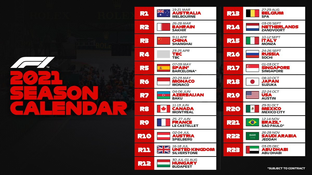 Formula 1 On Twitter: &quot;Breaking: The 2021 #F1 Calendar Is