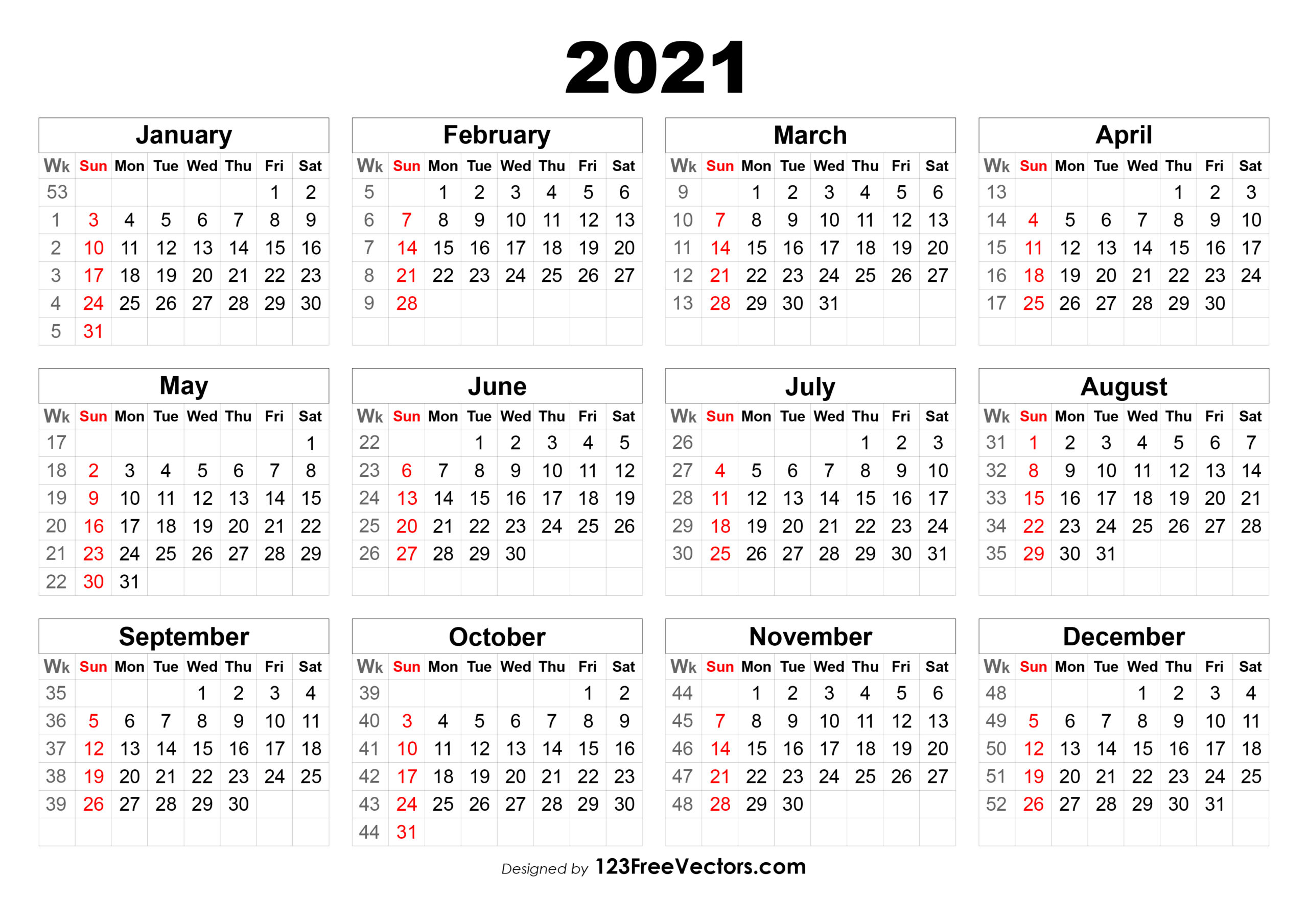 Free 2021 Calendar With Week Numbers
