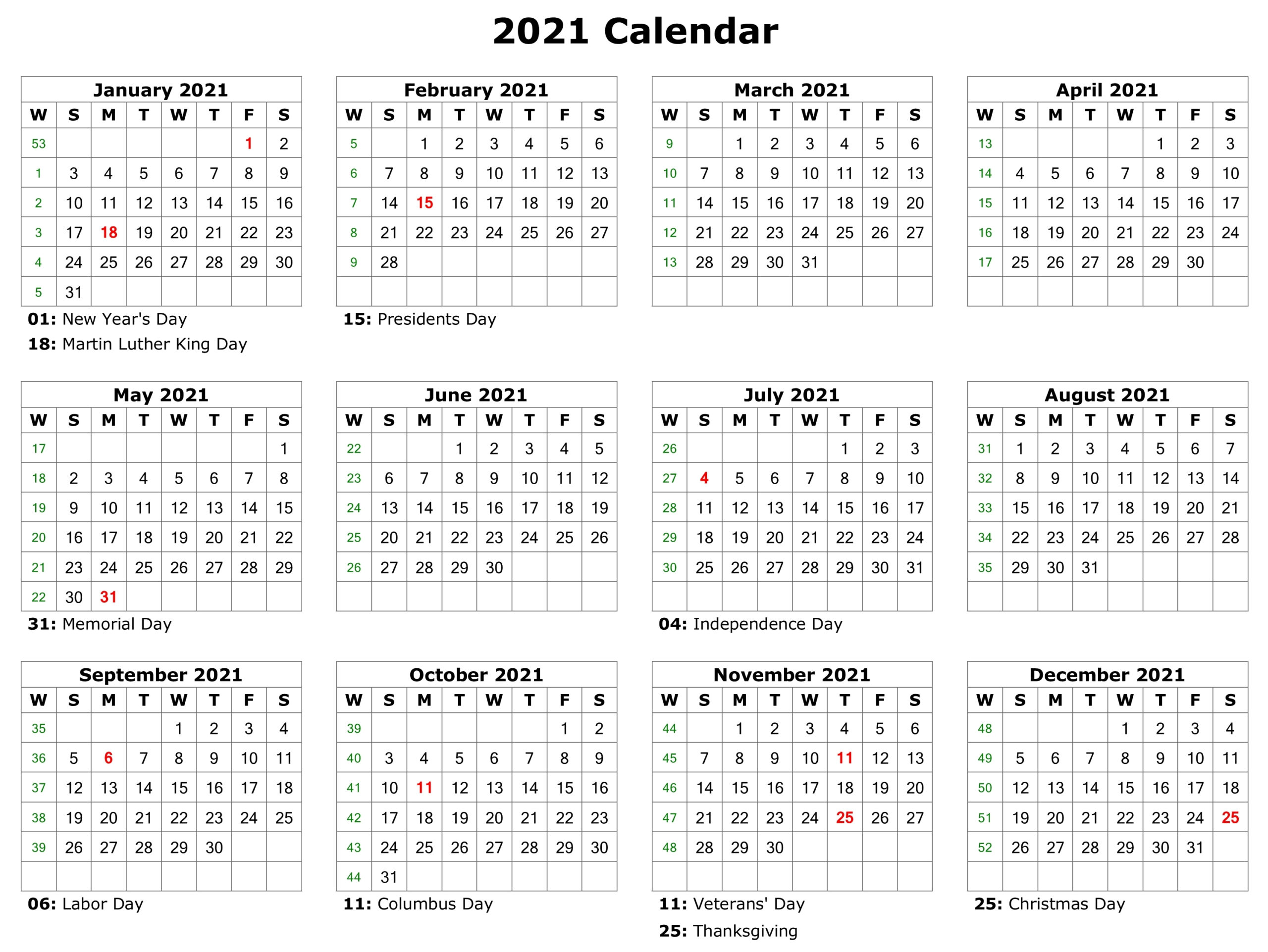 Free 2021 Printable Monthly Calendar With Holidays Word Pdf