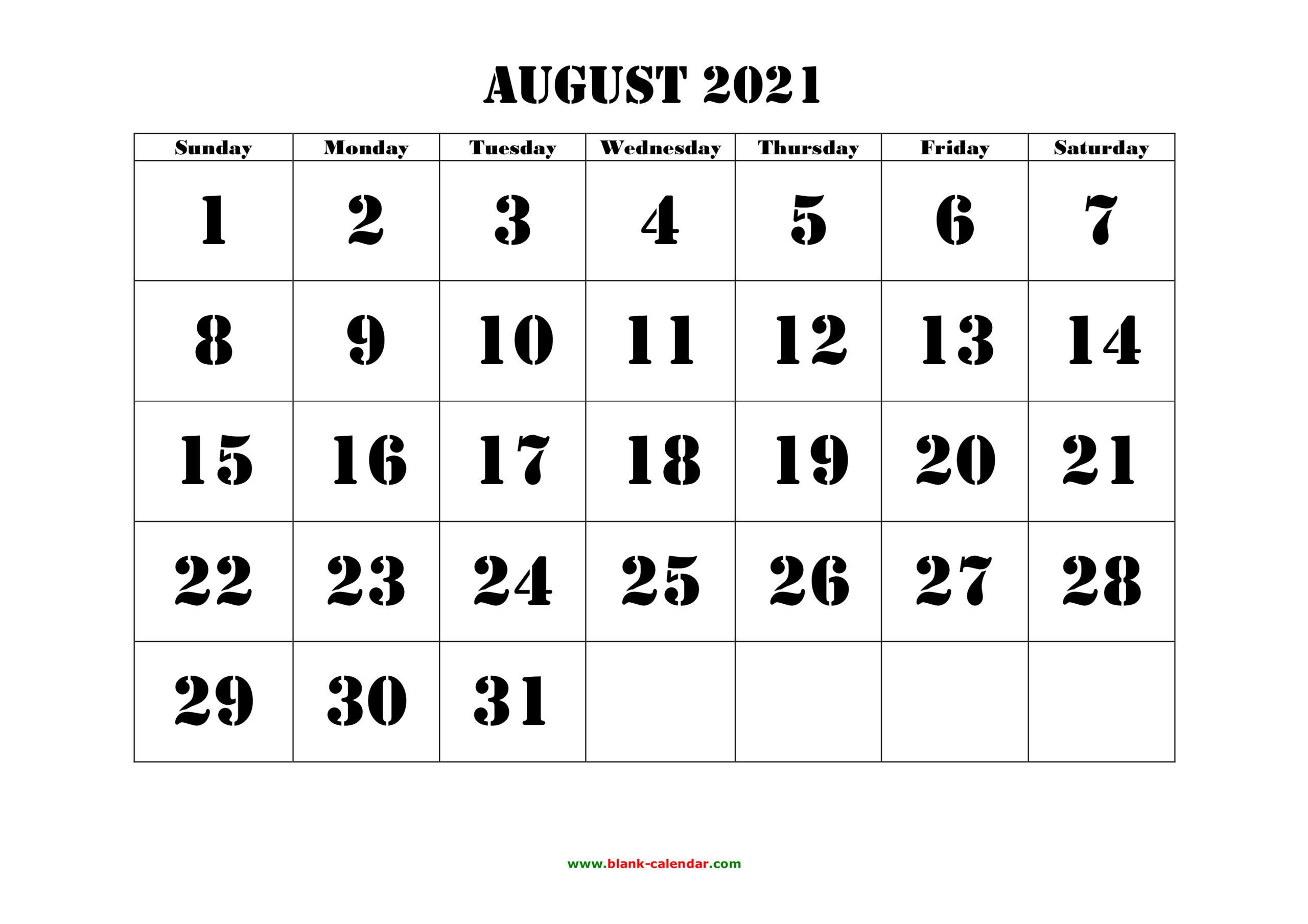 Free Download Printable August 2021 Calendar Large Font