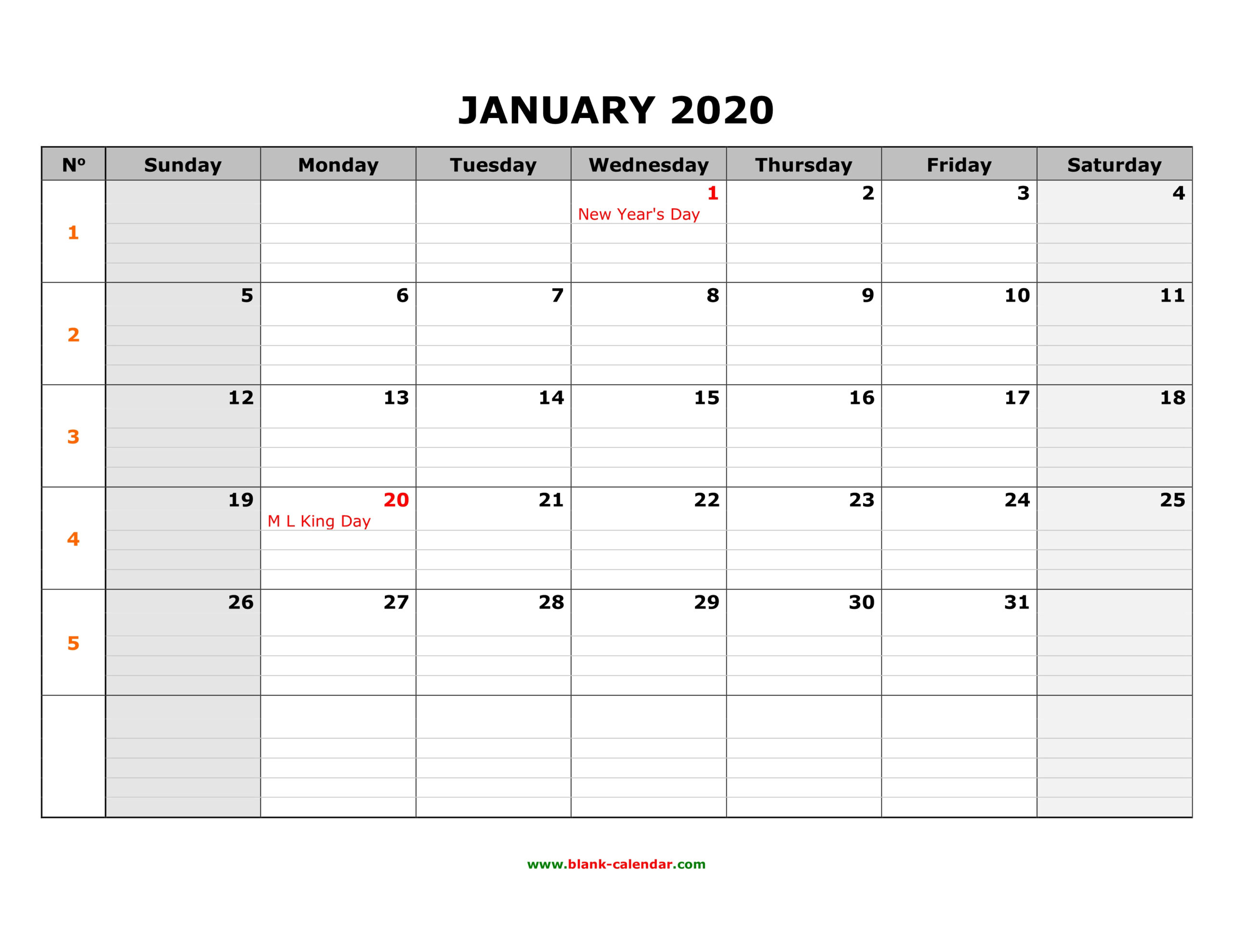 Free Download Printable Calendar 2020 Large Box Grid Space