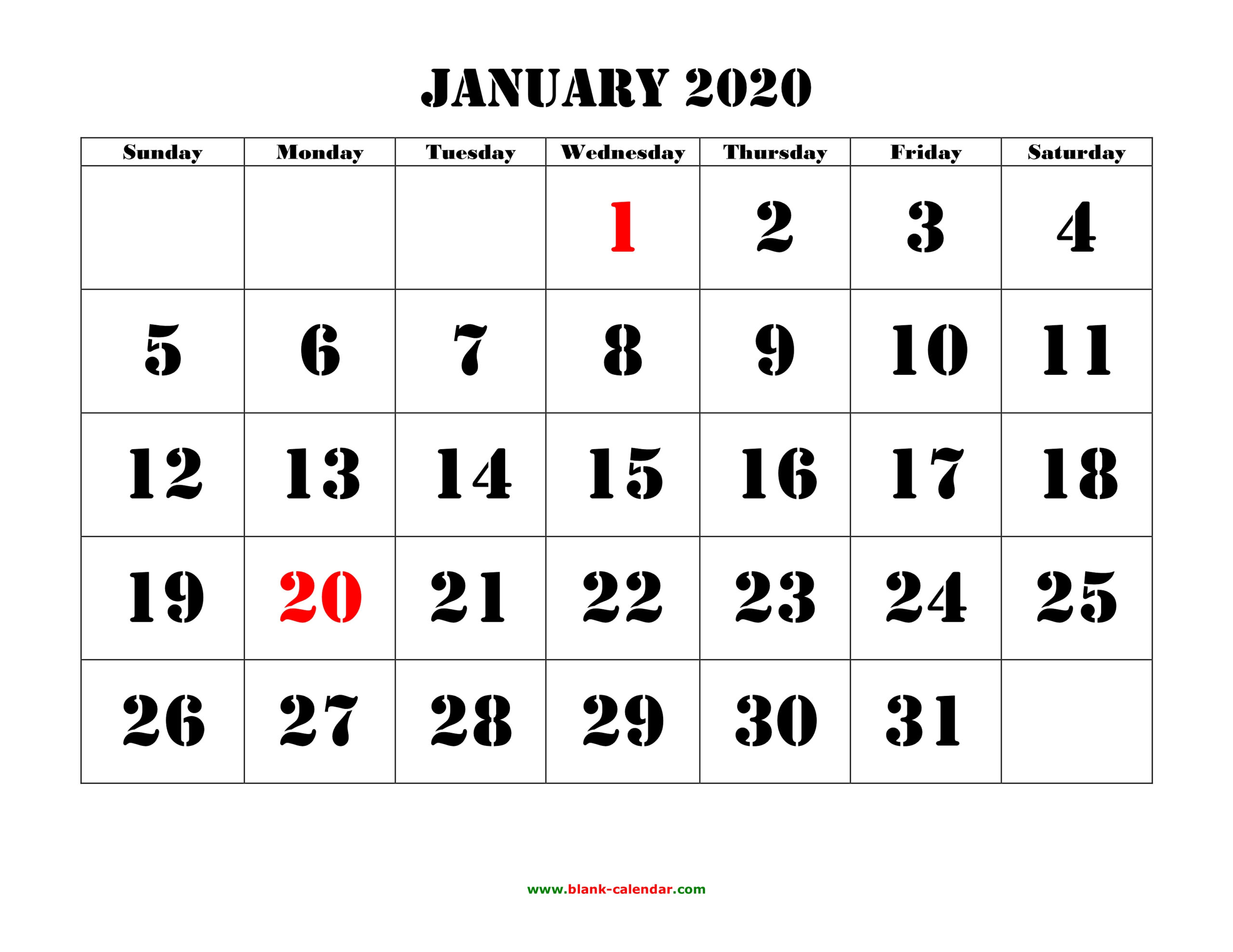 Free Download Printable Calendar 2020 Large Font Design