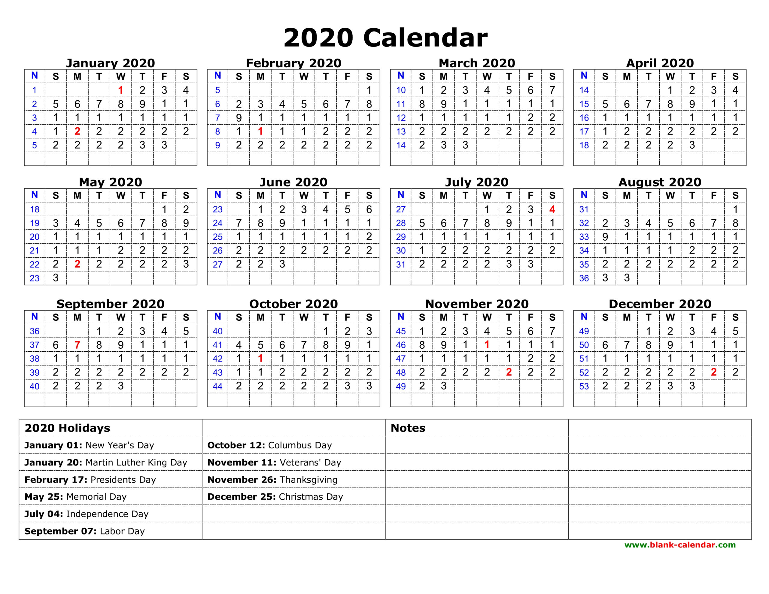 Free Download Printable Calendar 2020 With Us Federal