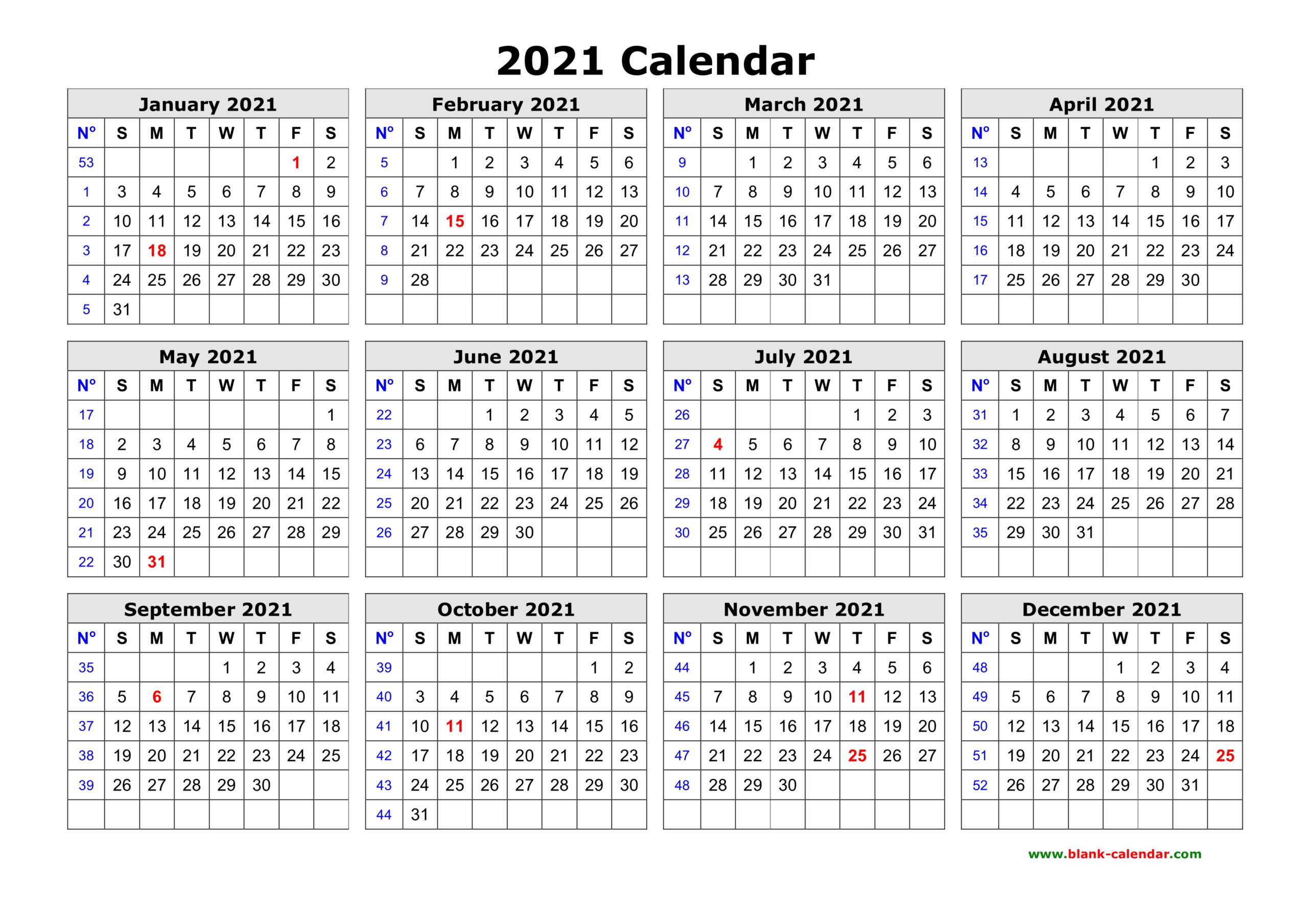 Free Download Printable Calendar 2021 In One Page Clean Design.