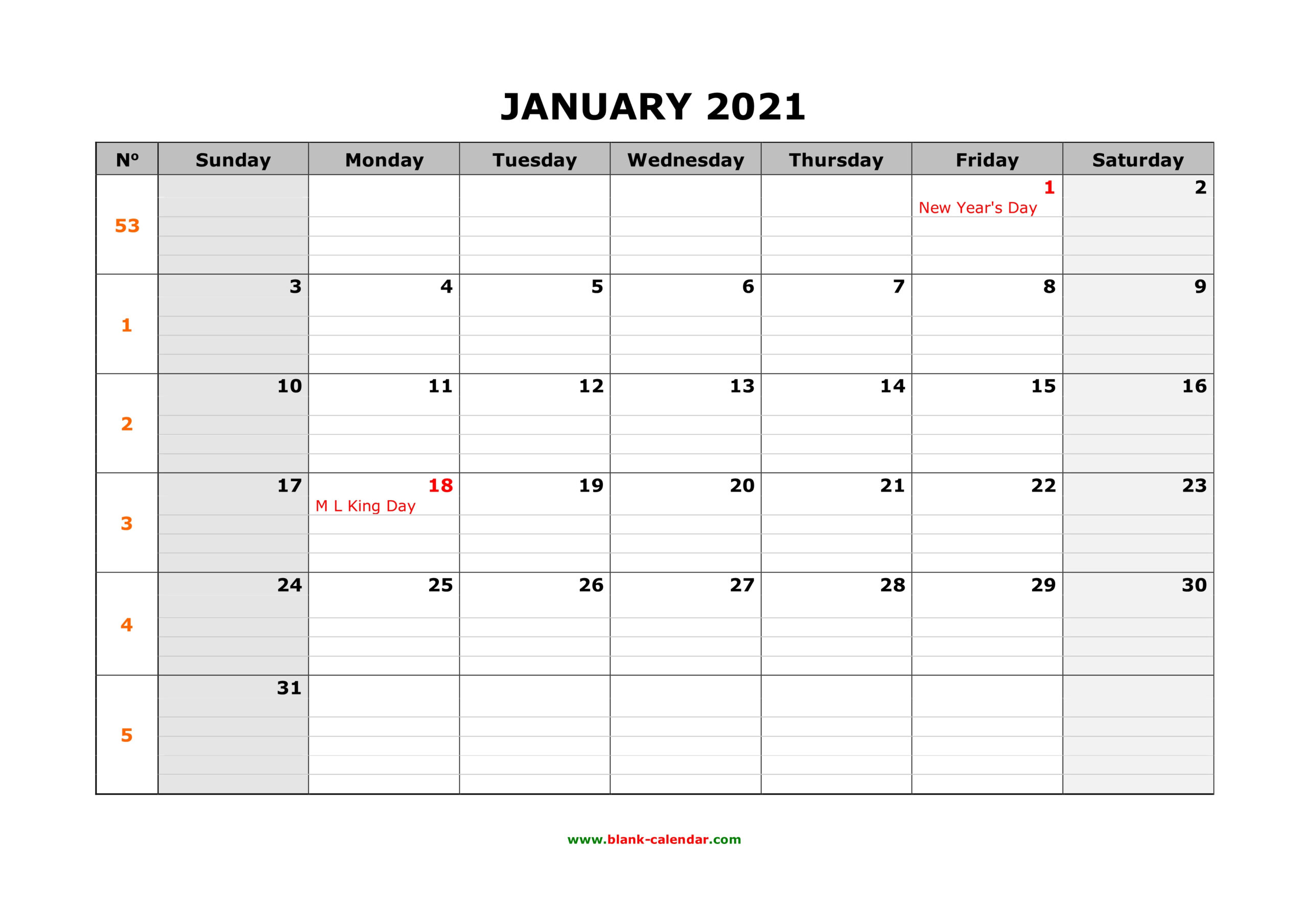 Free Download Printable Calendar 2021 Large Box Grid Space