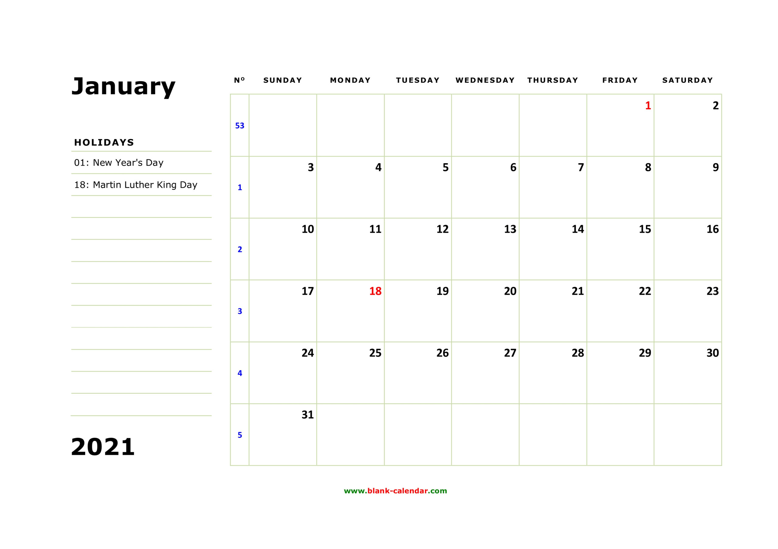 Free Download Printable January 2021 Calendar Large Box