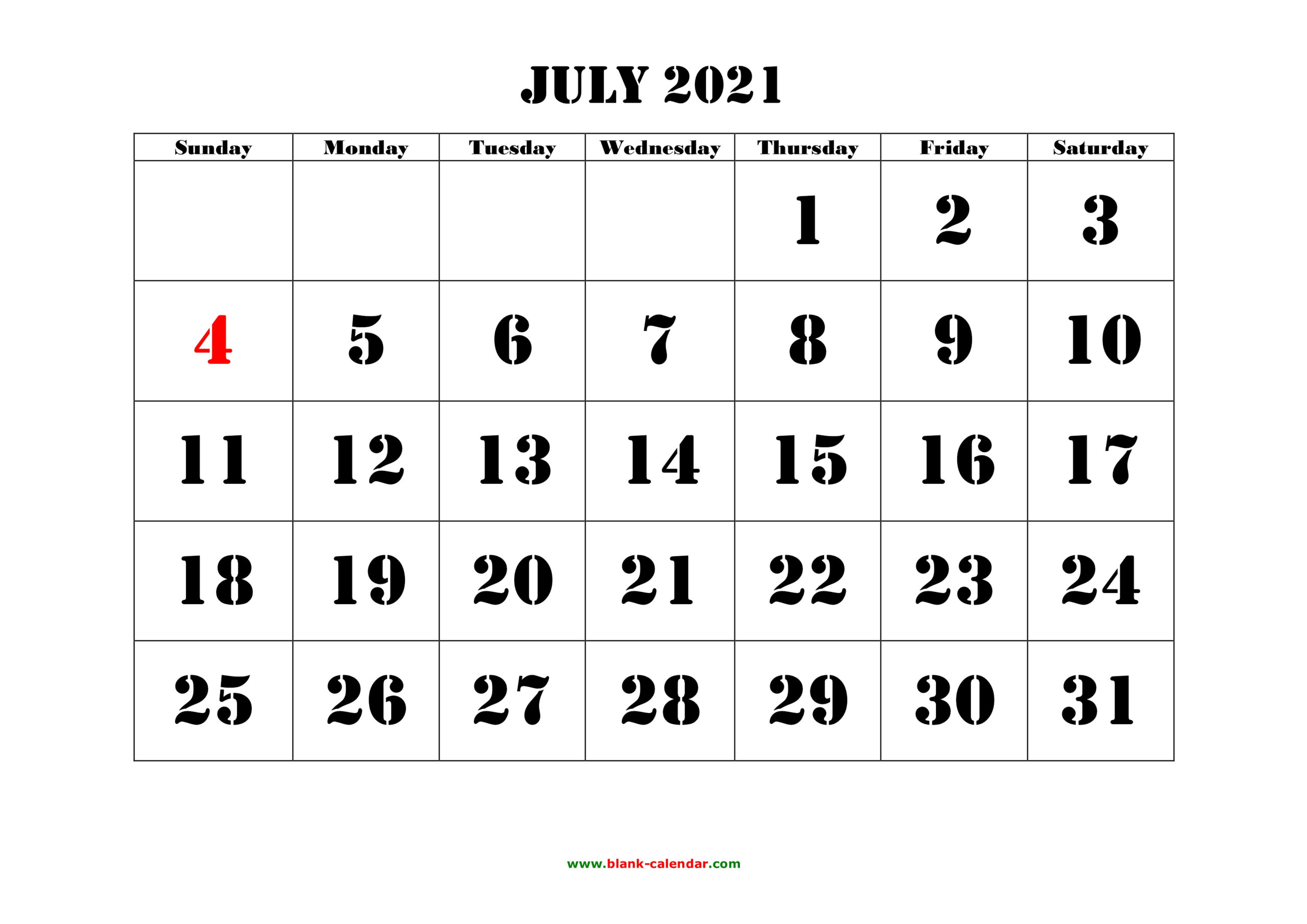 Free Download Printable July 2021 Calendar Large Font
