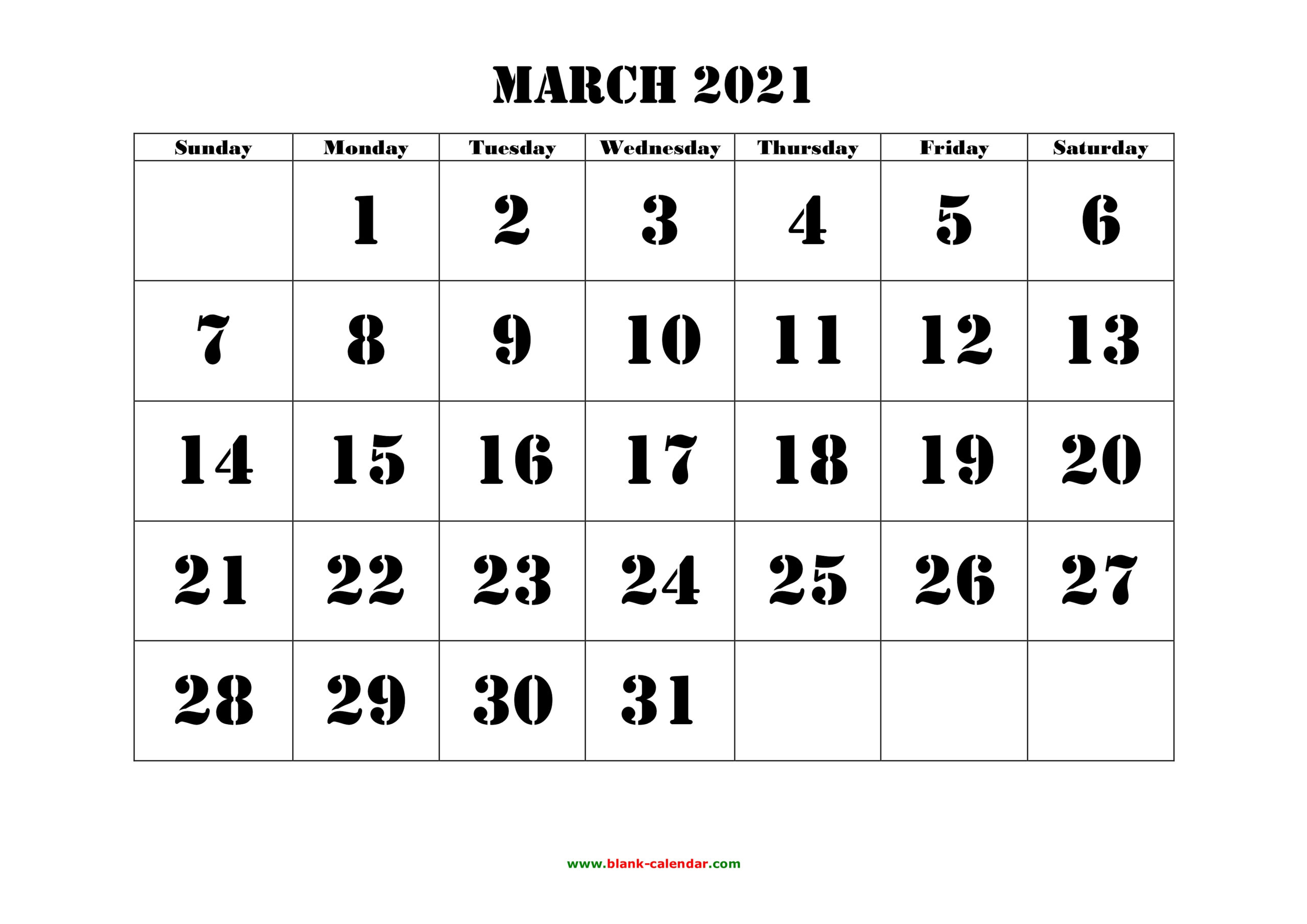 Free Download Printable March 2021 Calendar Large Font