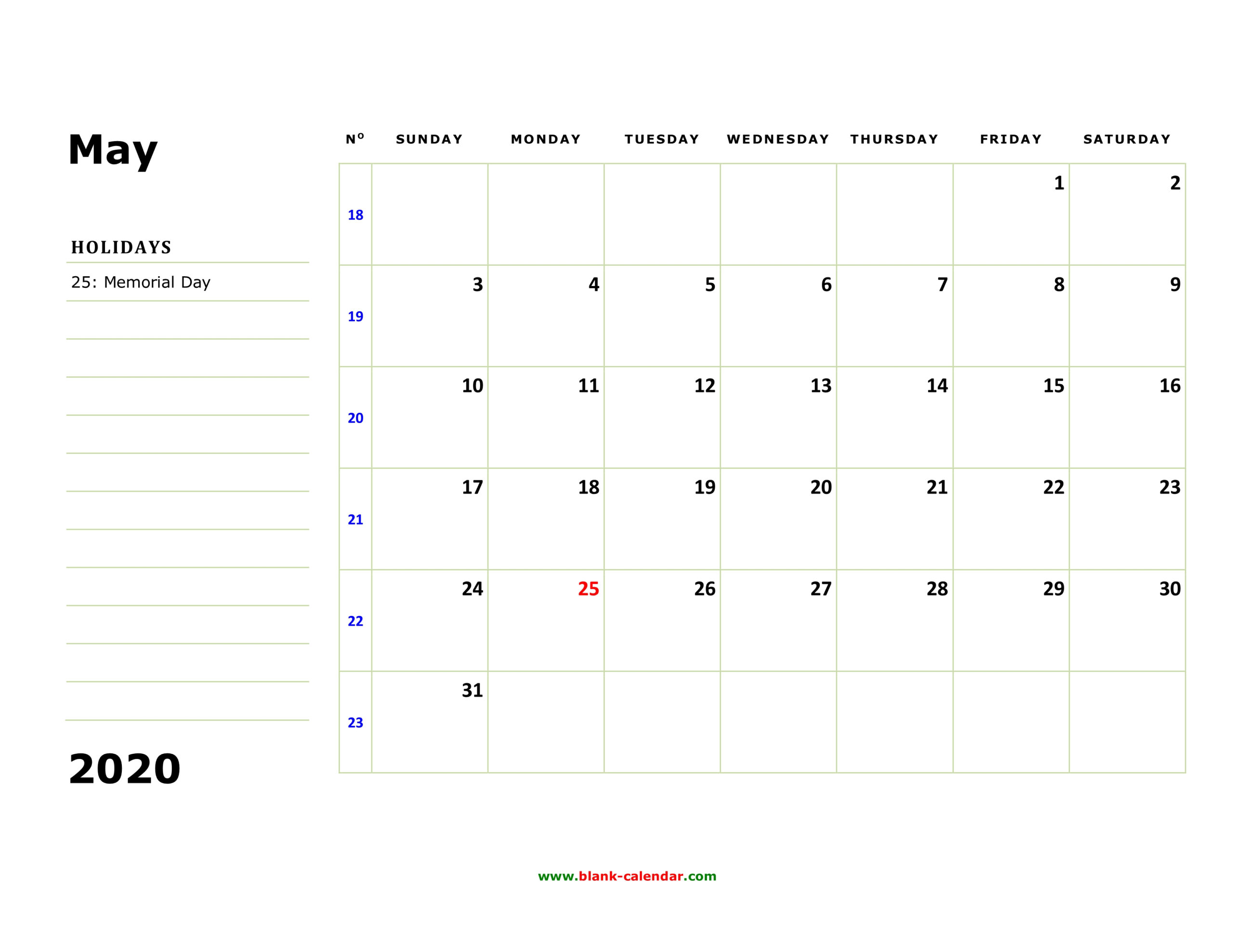 Free Download Printable May 2020 Calendar Large Box