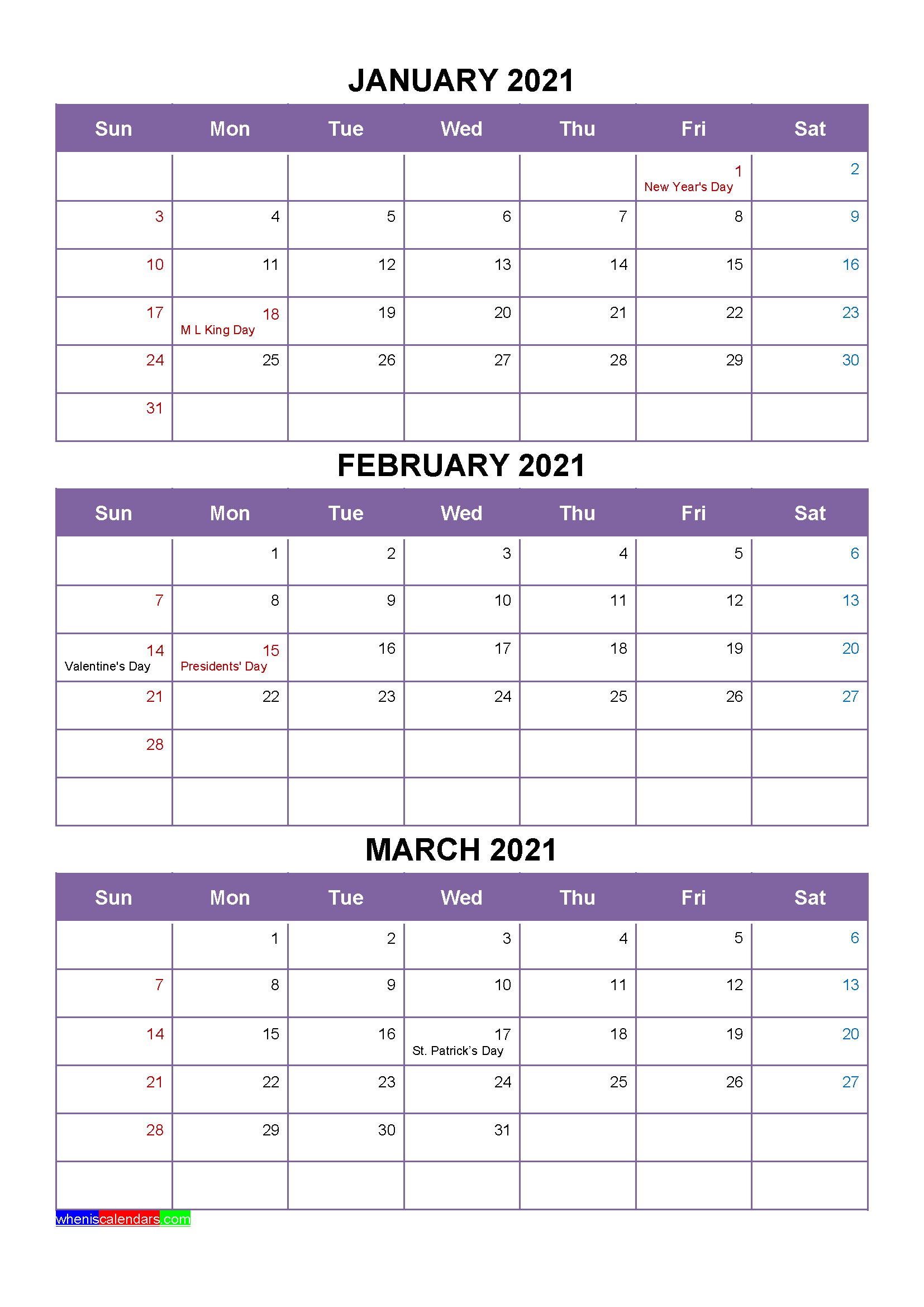 Free January February March 2021 Printable Calendar Template