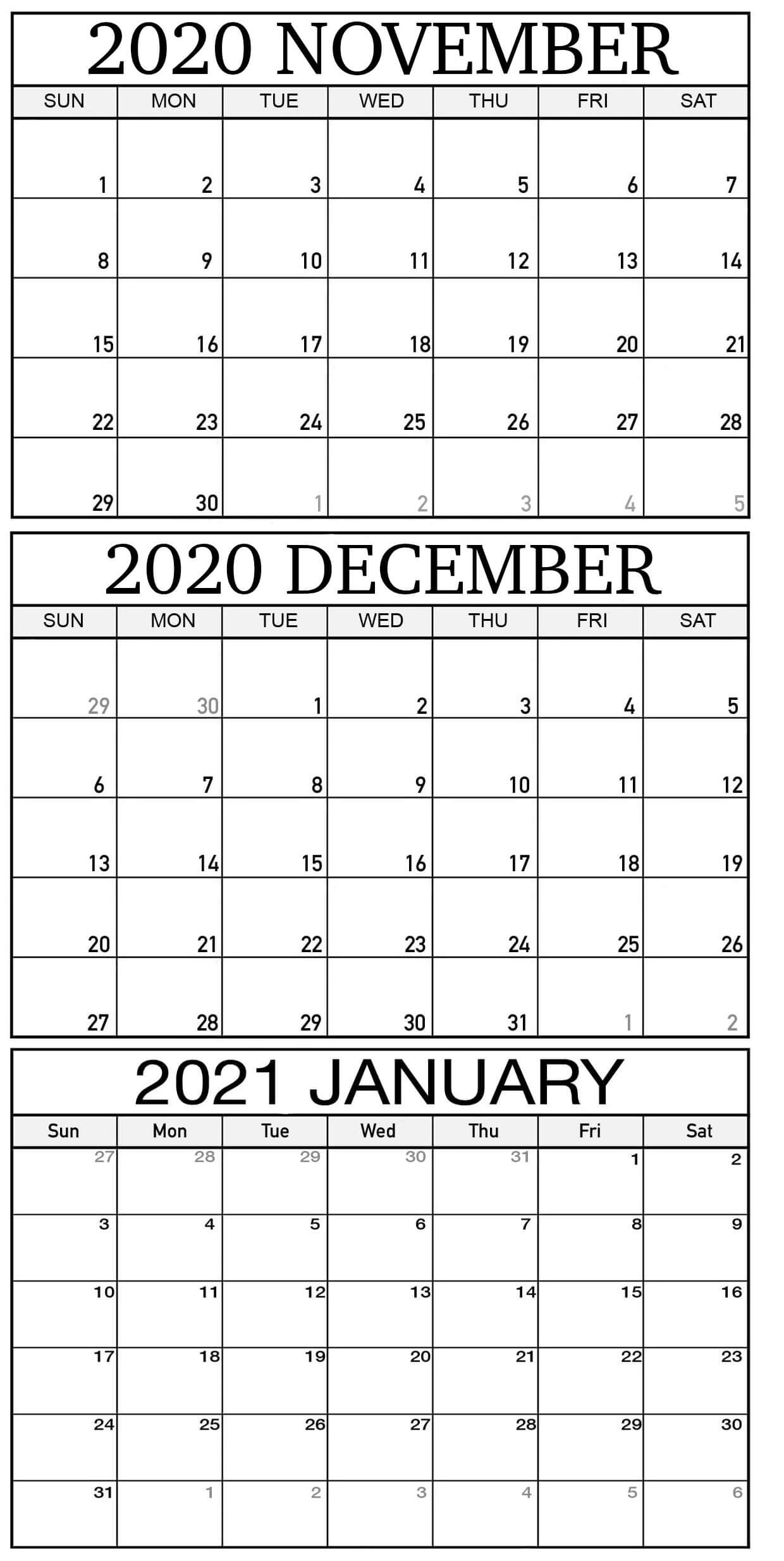 Free November 2020 To January 2021 Calendar For Planning