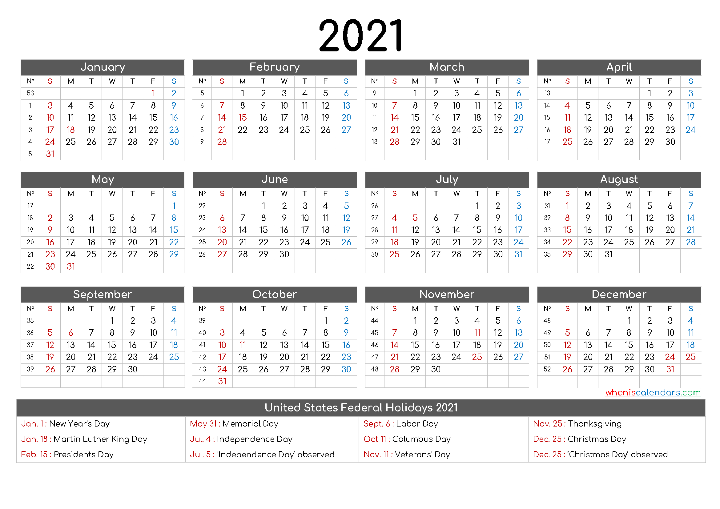 Free Printable 12 Month Calendar 2021 - 12 Templates