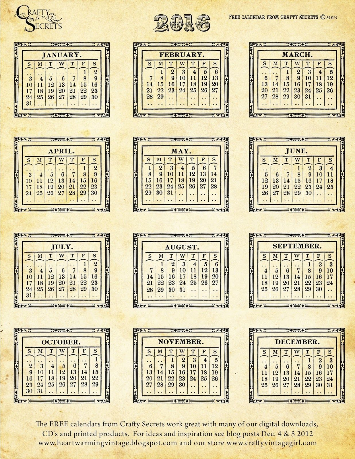 Free Printable 2016 Vintage Calendars Color Me Calendar