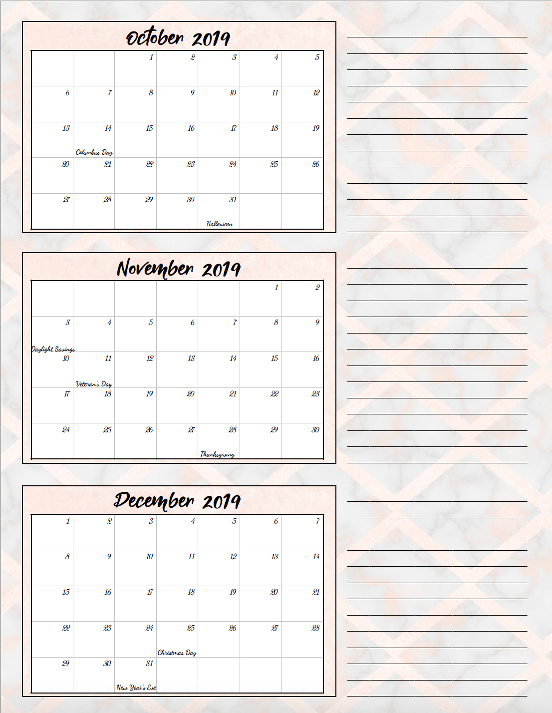 Free Printable 2019 Quarterly Calendars With Holidays: 3 Designs