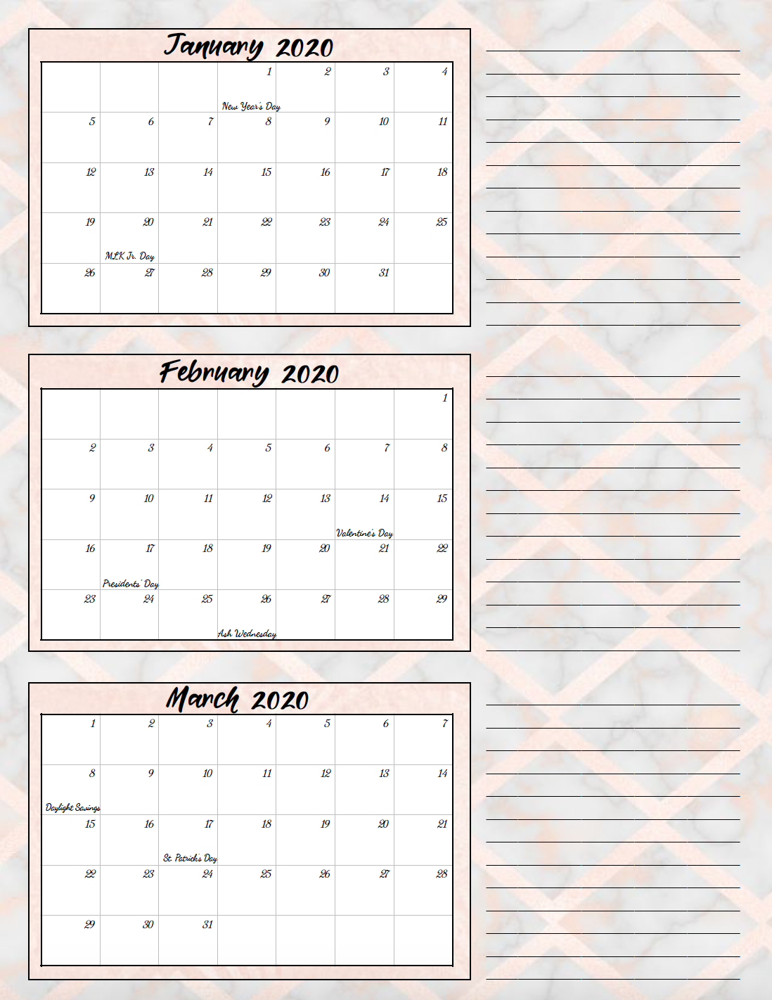 Free Printable 2020 Quarterly Calendars With Holidays: 3