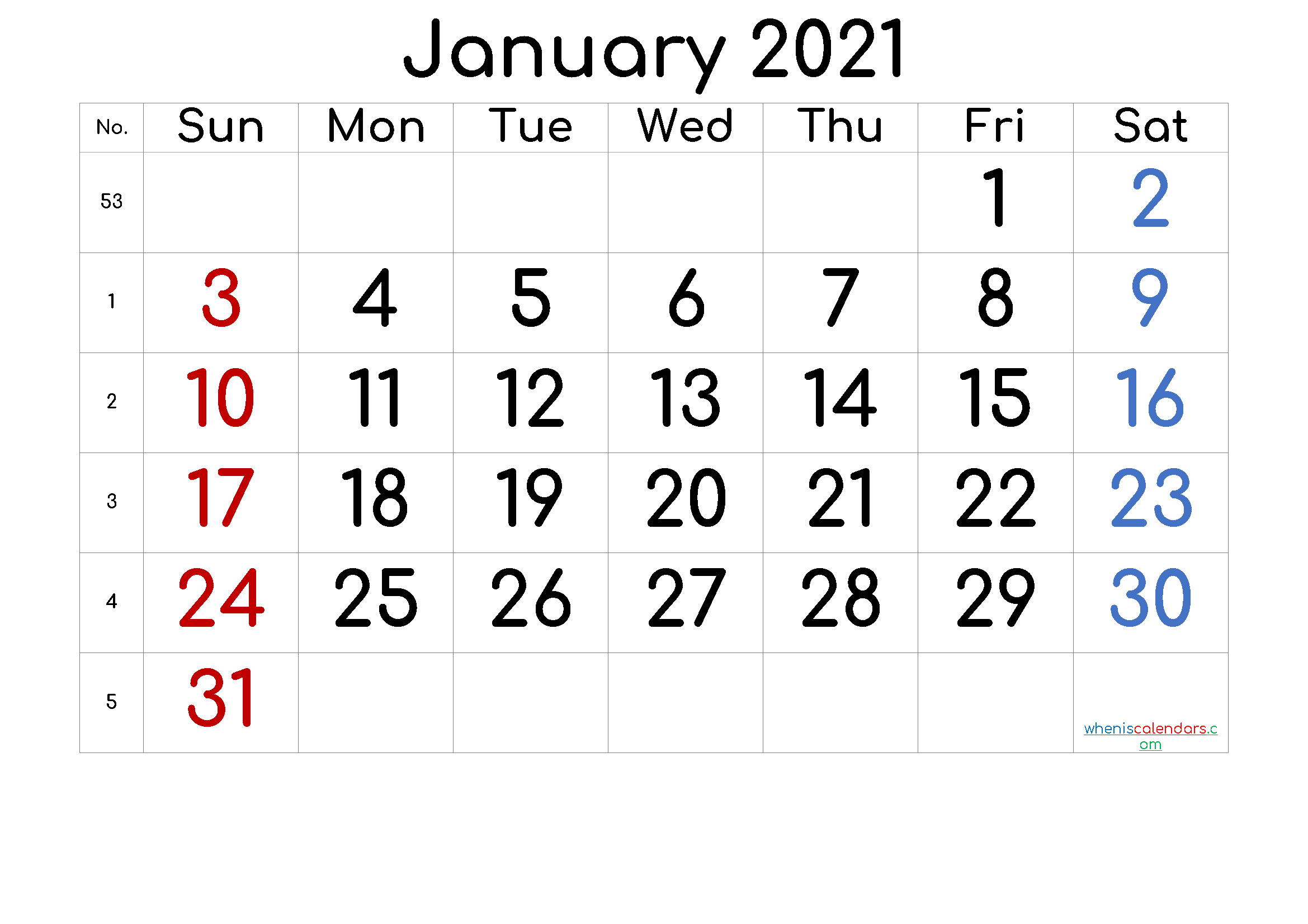 Free Printable 2021 January Calendar – Free 2020 And 2021