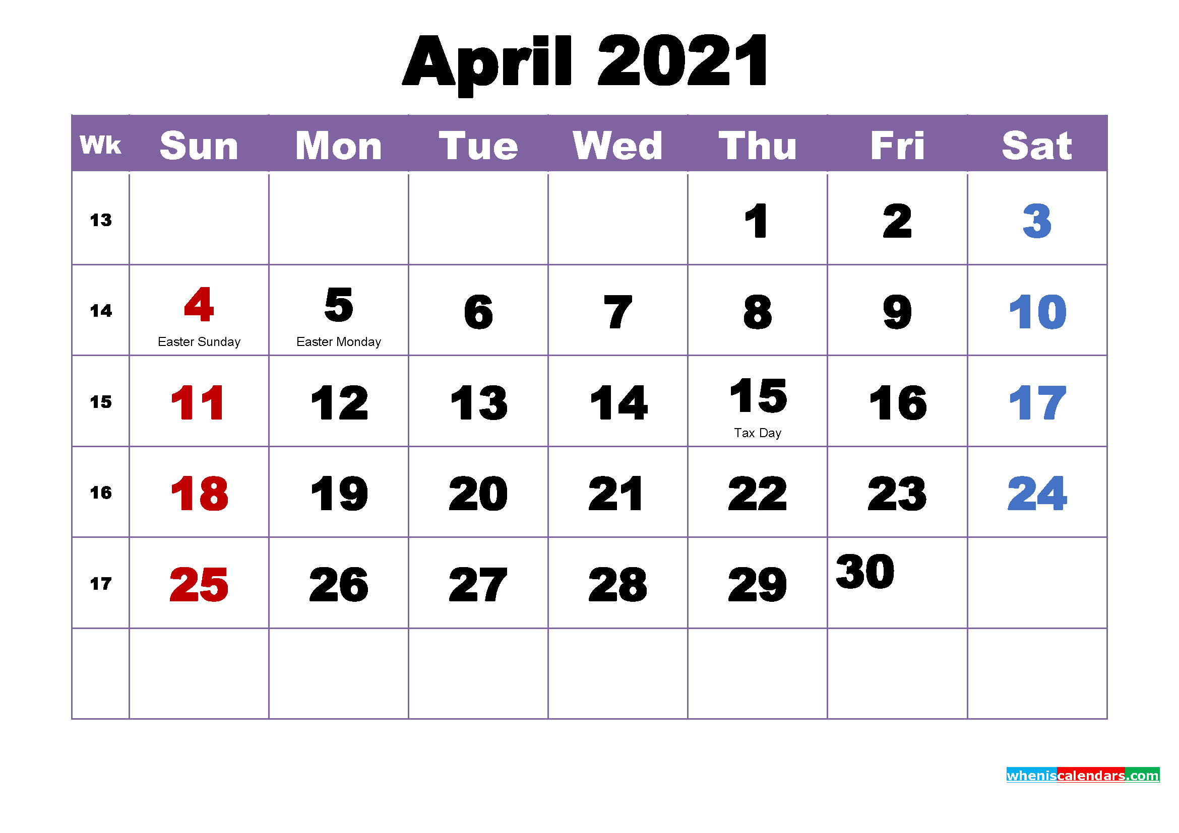 Free Printable 2021 Monthly Calendar With Holidays April