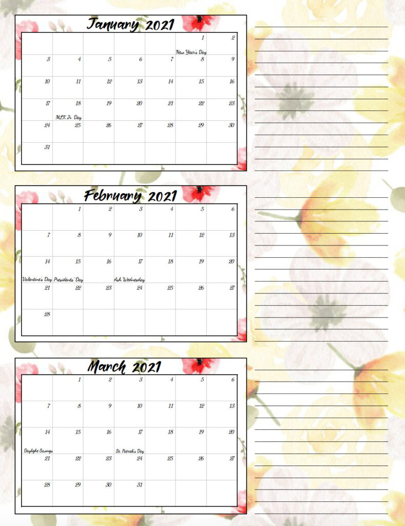 Free Printable 2021 Quarterly Calendars With Holidays: 3 Designs