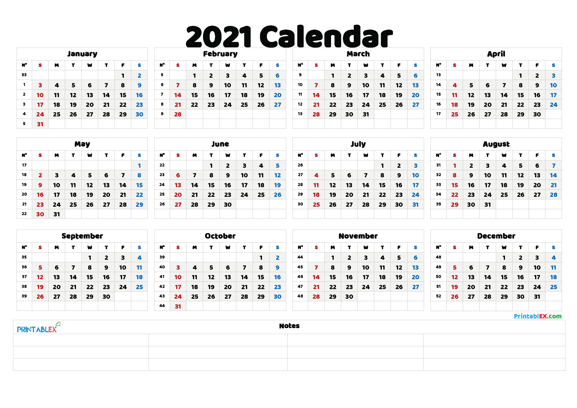 Free Printable 2021 Yearly Calendar With Week Numbers