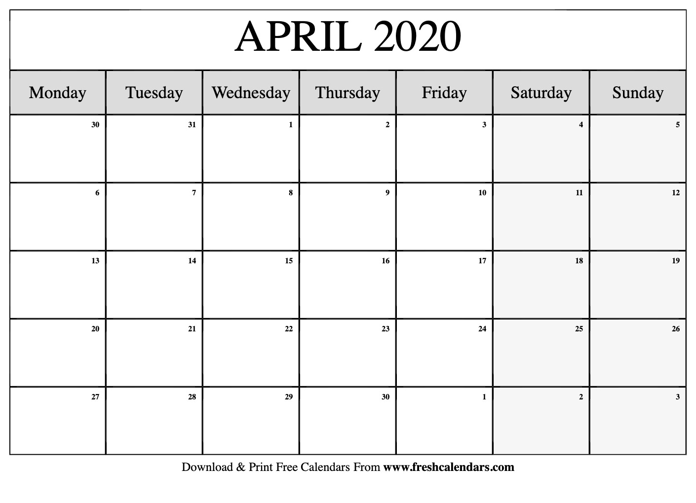 Free Printable April 2020 Calendars