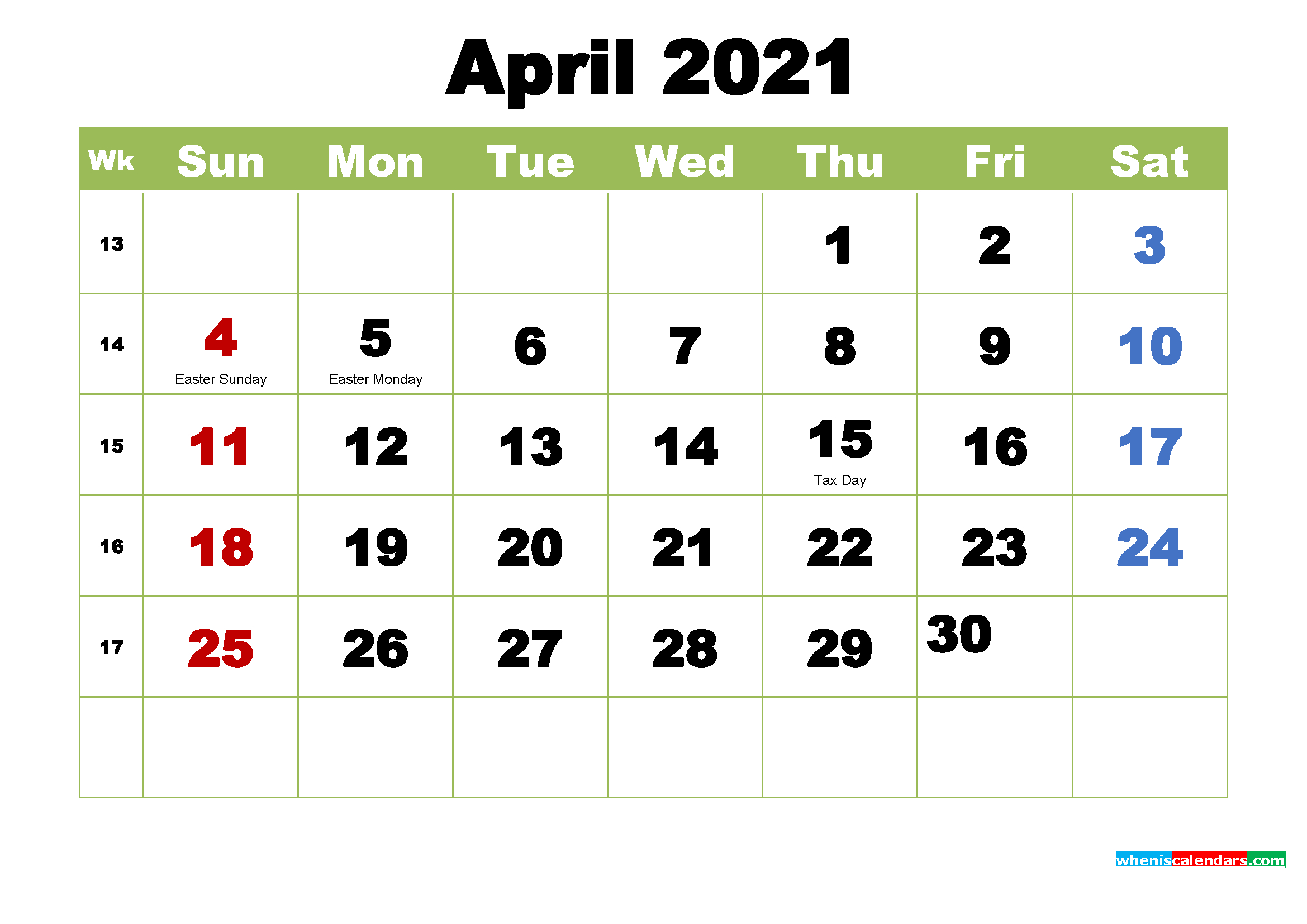 Free Printable April 2021 Calendar With Holidays - Free
