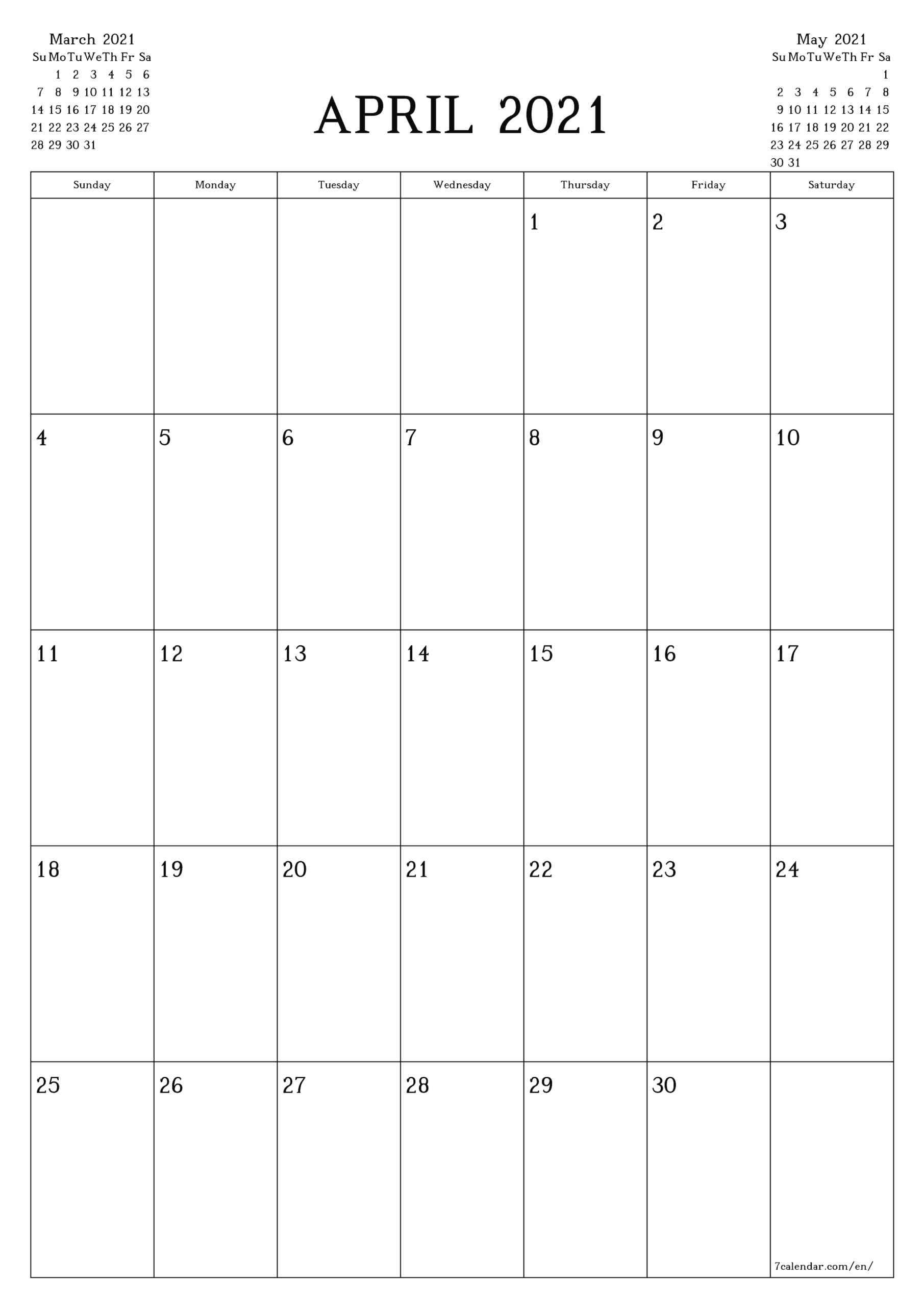 Free Printable Blank Monthly Calendar And Planner For April