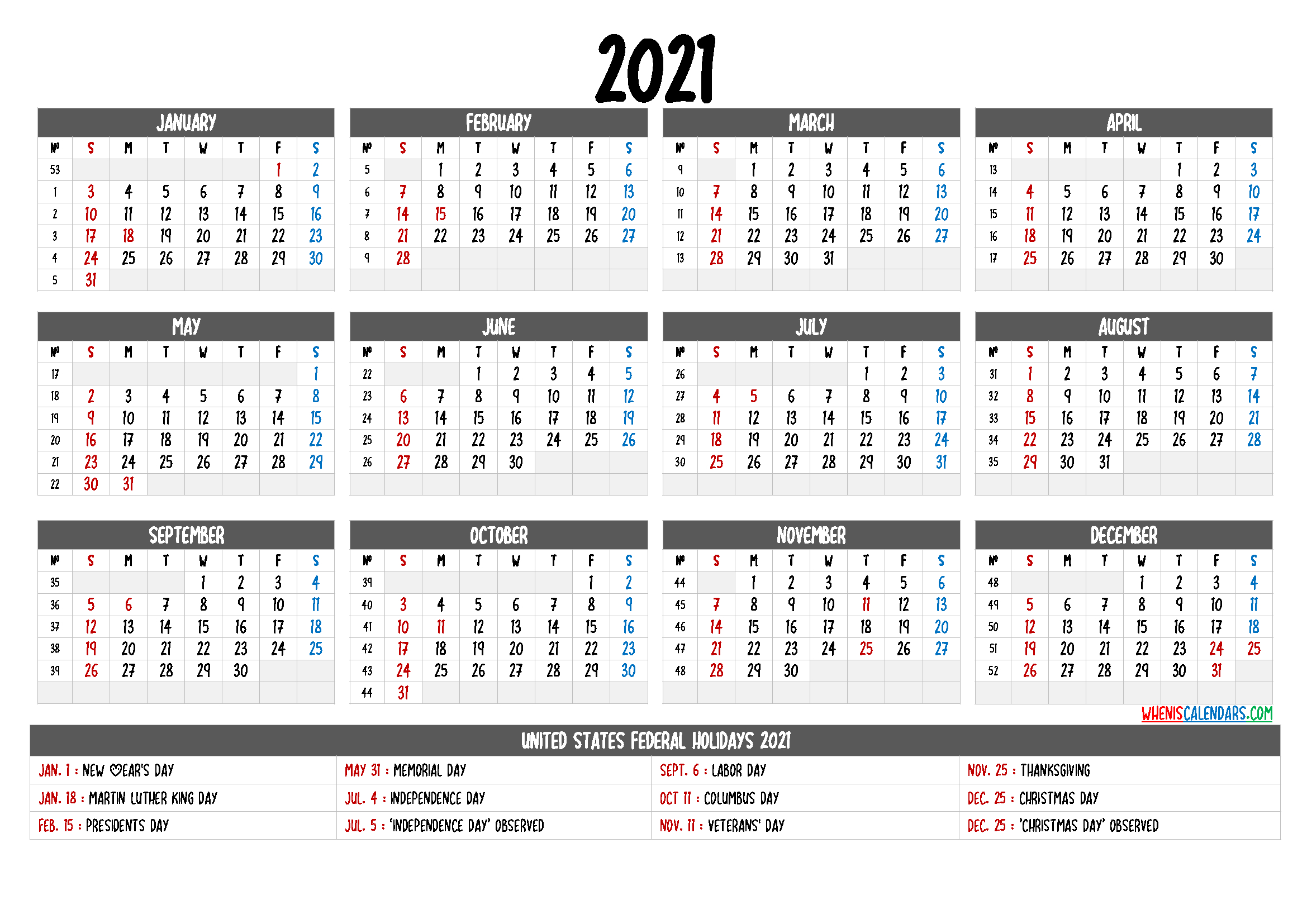 Free Printable Calendar 2021 With Holidays - 12 Templates