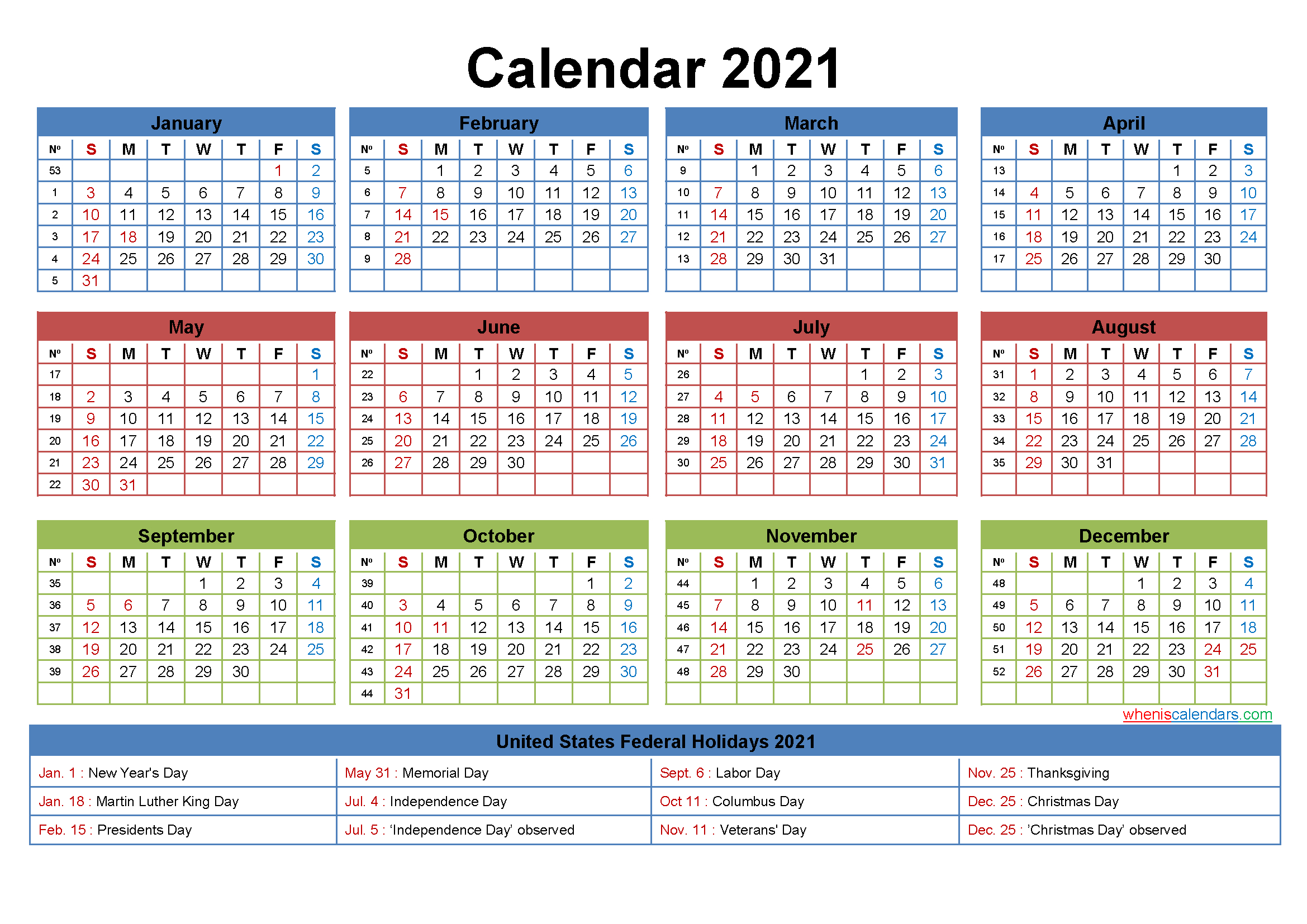 Free Printable Editable Calendar 2021 – Template No.ep21Y22